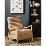 A dramatically shaped midcentury silhouette, modernized with channel tufting. Upholstered in a nude hue top-grain leather with natural whitewashed ash framing for a clean, monochromatic look. A push recliner takes this forward-thinking lounger to the next level. Amethyst Home provides interior design, new construction, custom furniture, and area rugs in the Omaha metro area.