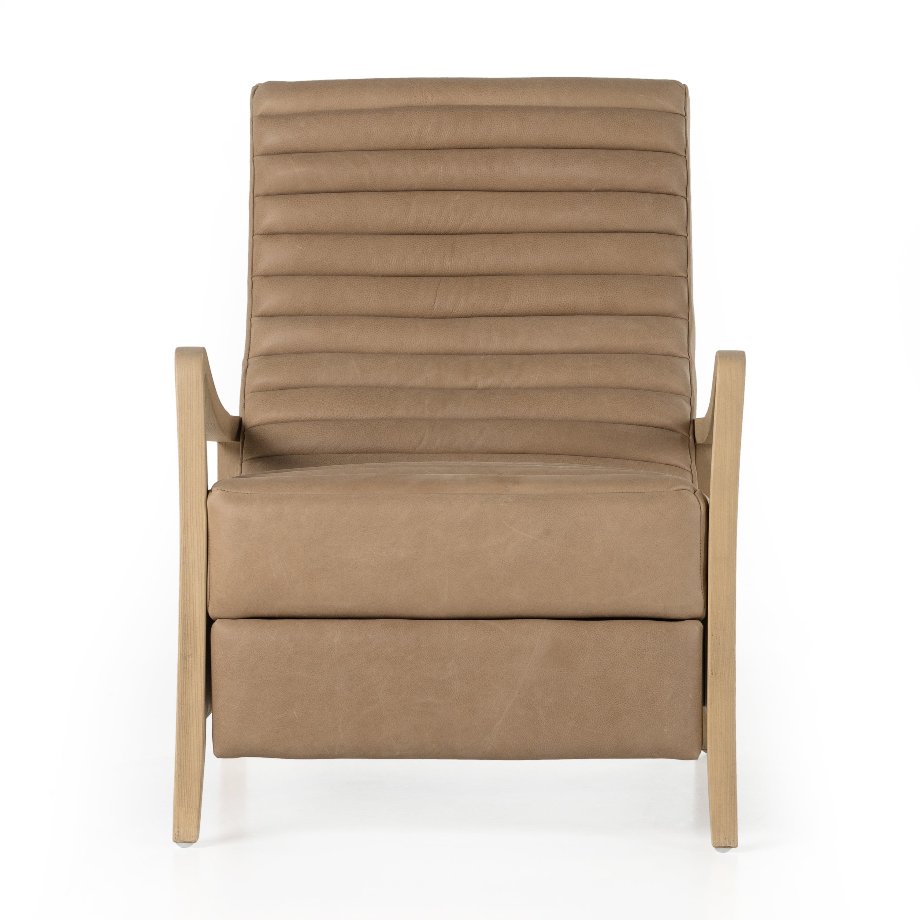 A dramatically shaped midcentury silhouette, modernized with channel tufting. Upholstered in a nude hue top-grain leather with natural whitewashed ash framing for a clean, monochromatic look. A push recliner takes this forward-thinking lounger to the next level. Amethyst Home provides interior design, new construction, custom furniture, and area rugs in the Salt Lake City metro area.