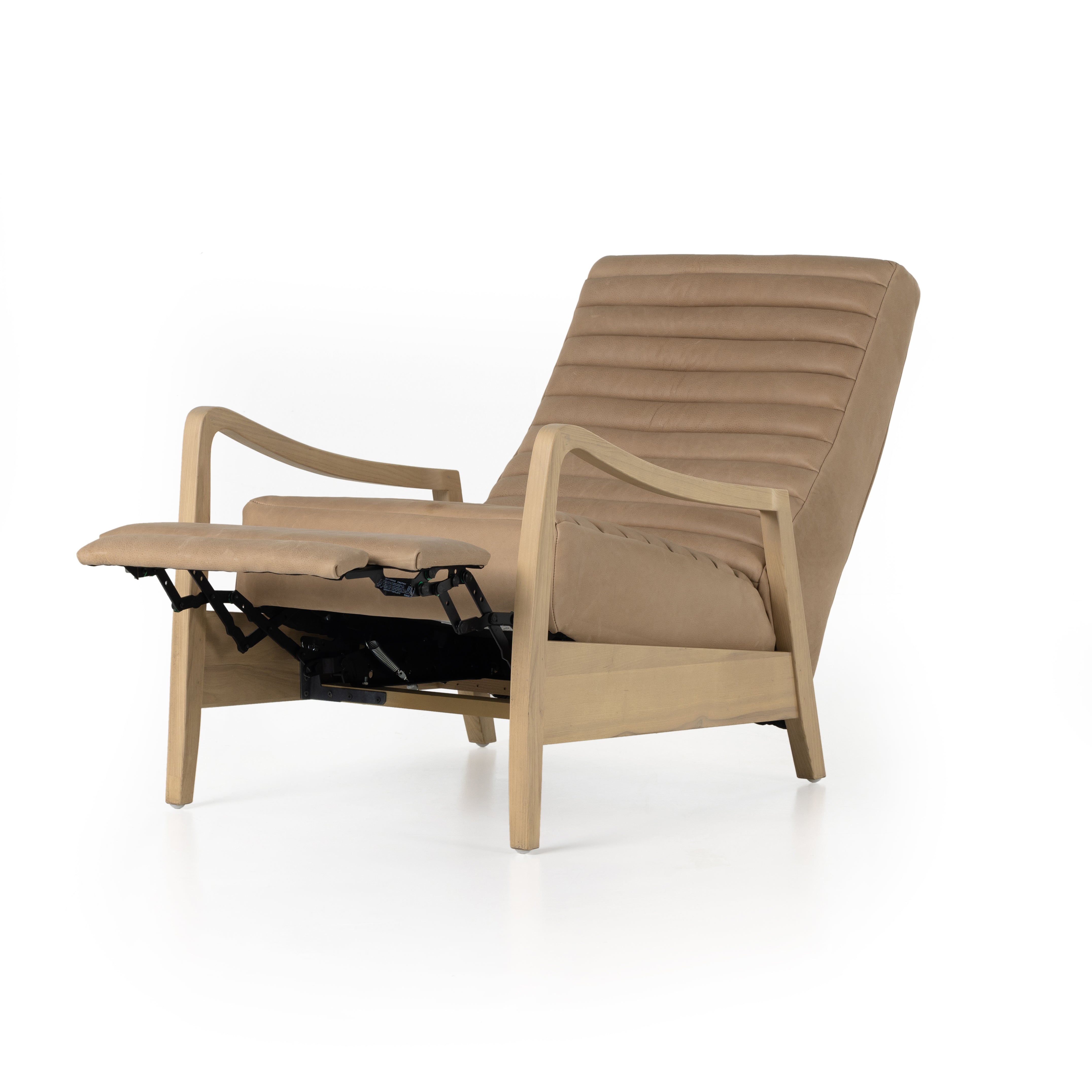 A dramatically shaped midcentury silhouette, modernized with channel tufting. Upholstered in a nude hue top-grain leather with natural whitewashed ash framing for a clean, monochromatic look. A push recliner takes this forward-thinking lounger to the next level. Amethyst Home provides interior design, new construction, custom furniture, and area rugs in the Winter Garden metro area.