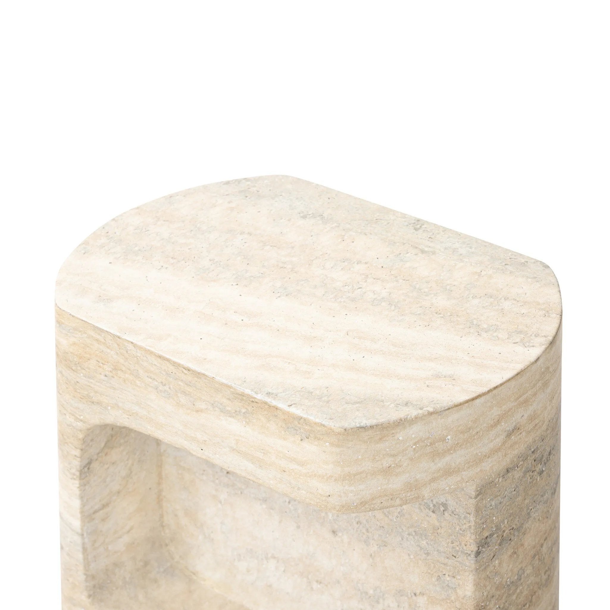Cutout detailing brings a clean, modern vibe to a versatile end table of cast concrete. A water transfer finish creates a textured look and sandy hue resembling natural travertine.Collection: Chandle Amethyst Home provides interior design, new home construction design consulting, vintage area rugs, and lighting in the Alpharetta metro area.