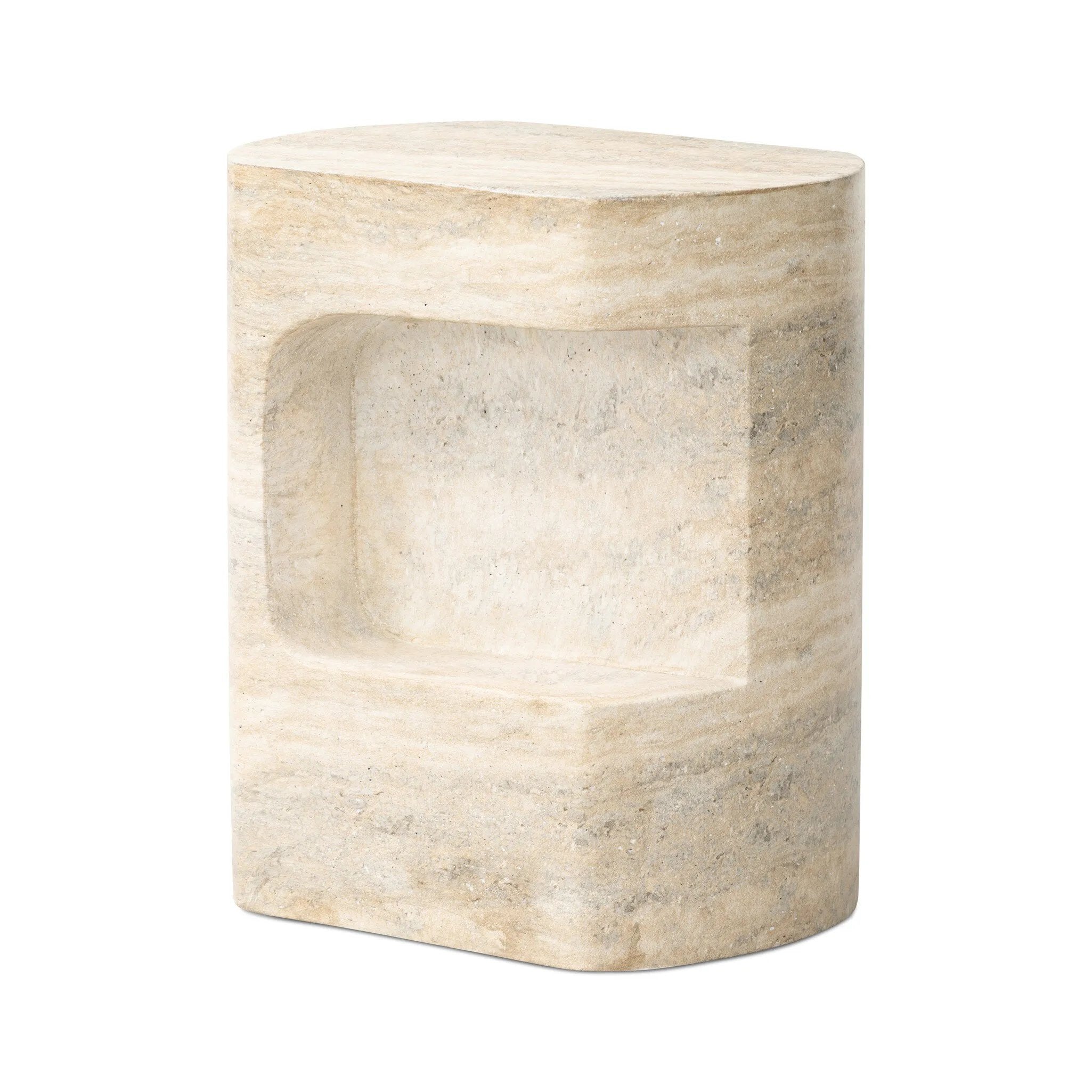 Cutout detailing brings a clean, modern vibe to a versatile end table of cast concrete. A water transfer finish creates a textured look and sandy hue resembling natural travertine.Collection: Chandle Amethyst Home provides interior design, new home construction design consulting, vintage area rugs, and lighting in the Kansas City metro area.
