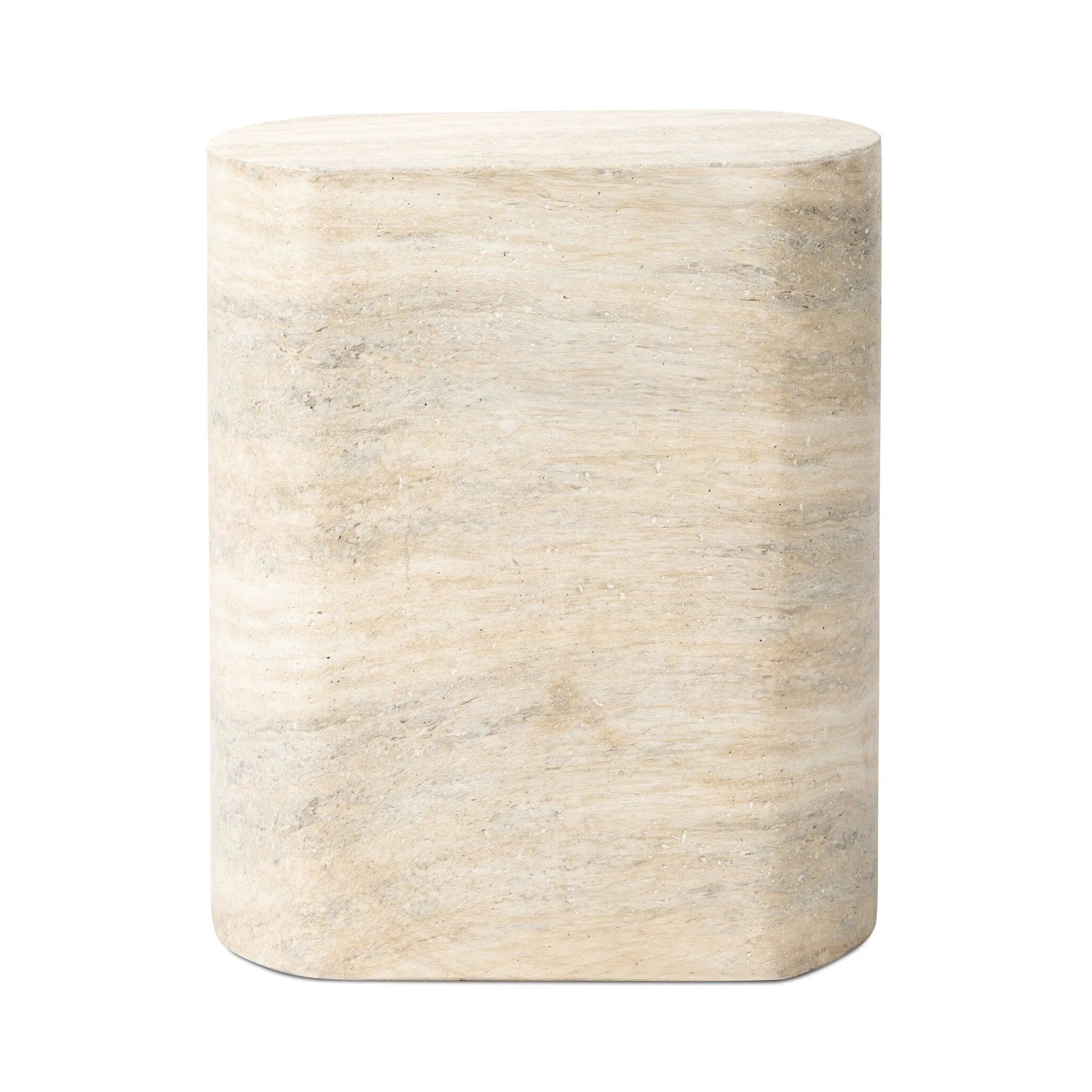 Cutout detailing brings a clean, modern vibe to a versatile end table of cast concrete. A water transfer finish creates a textured look and sandy hue resembling natural travertine.Collection: Chandle Amethyst Home provides interior design, new home construction design consulting, vintage area rugs, and lighting in the Portland metro area.