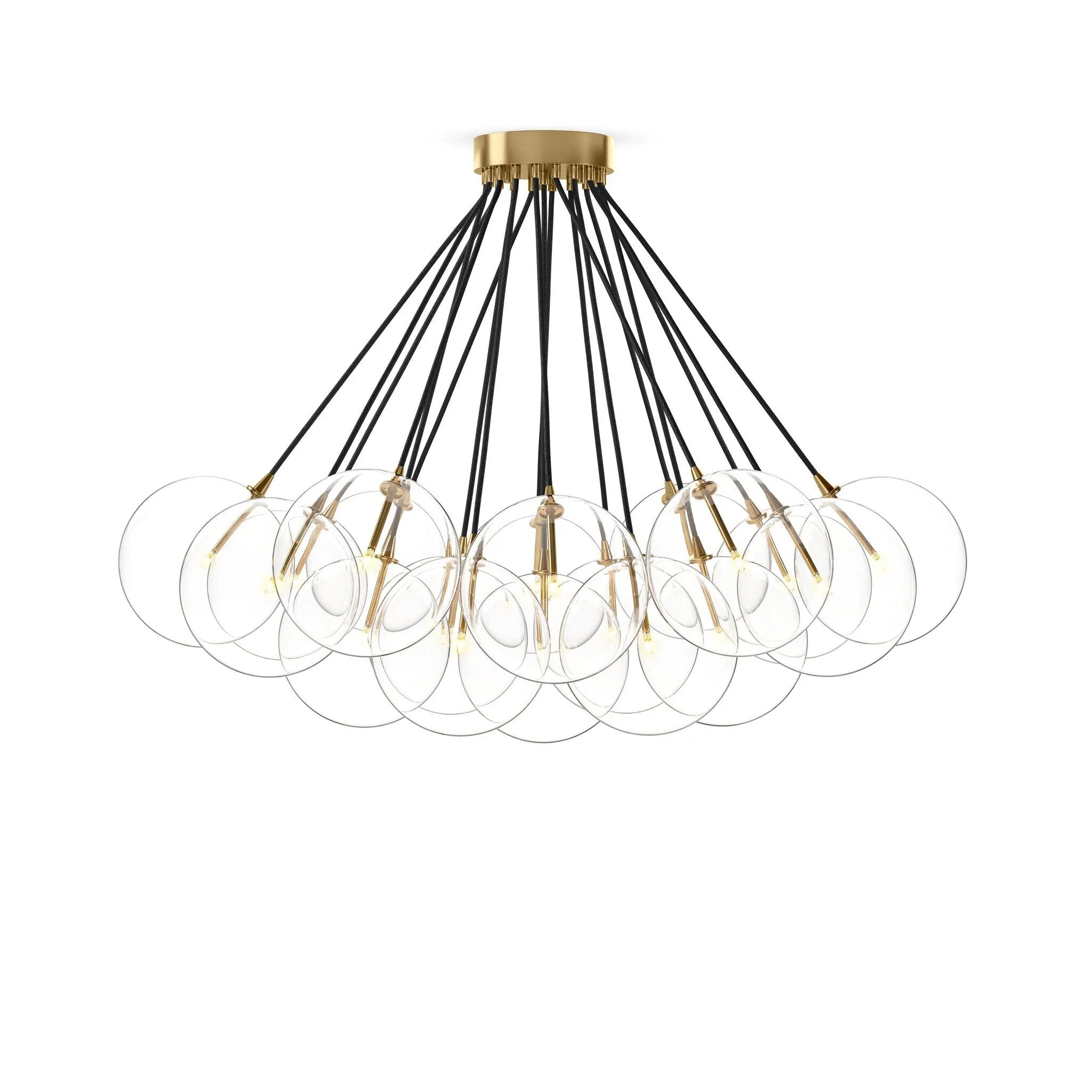 Featuring Cloud Black Cord Burnished Brass Chandelier by Four Hands at Amethyst Home. Clear glass bulbs dangle for a statement-making centerpiece. Each globe is individually blown, shaped and sculpted by hand through a one-hour process. Brass and glass are 98% recyclable. Designed and sustainably crafted in Poland by Schwung.
Overall Dimensions : 47.00"w x 47.0. Amethyst Home provides interior design, new home construction design consulting, vintage area rugs, and lighting in the Tampa metro area.
