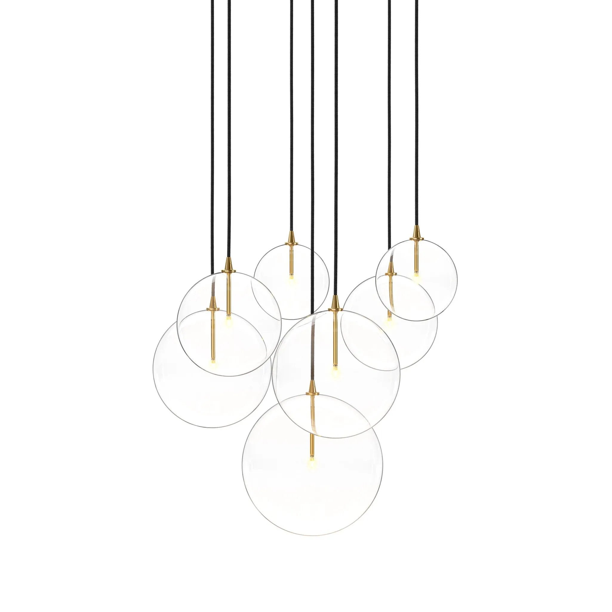 Featuring Cluster Black Cord 7 MIX Burnished Brass Chandelier by Four Hands at Amethyst Home. Clear glass spheres dangle at varying lengths for a stunning effect. Each globe is individually blown, shaped and sculpted by hand through a one-hour process. Brass and glass are 98% recyclable. Designed and sustainably crafted in Poland by Schwung.
Overall Dimensi. Amethyst Home provides interior design, new home construction design consulting, vintage area rugs, and lighting in the Park City metro area.