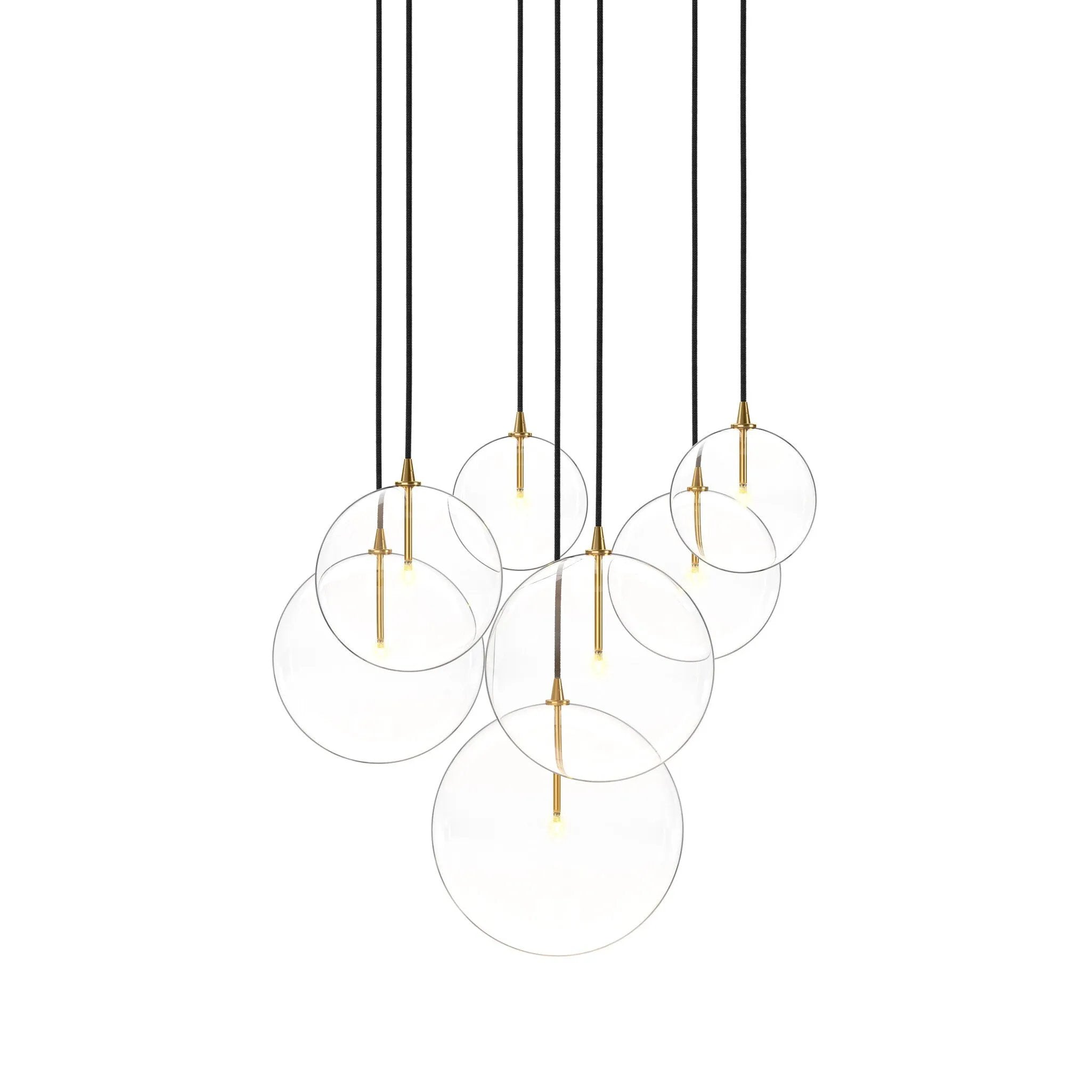 Clear glass spheres dangle at varying lengths for a stunning effect. Each globe is individually blown, shaped and sculpted by hand through a one-hour process. Brass and glass are 98% recyclable. Designed and sustainably crafted in Poland by Schwung.Overall Dimensions29.00"w x 30.75"d x 32.25"hFull Details &amp; SpecificationsTear Shee Amethyst Home provides interior design, new home construction design consulting, vintage area rugs, and lighting in the Park City metro area.