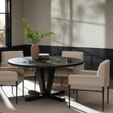 Featuring Cobain Flint Black Dining Table by Four Hands at Amethyst Home. A rounded table of solid mango wood forms purposefully burnished edges, producing a warm black patina for the home dining table.Overall Dimensions: 60"W x 60"L x 30"H
Collection: HarmonColors: Flint BlackMaterials: Solid Mango Weight: 146.2 lbs
Clearance from Floor: 28.50"Distance Between Legs (Side to Si. Amethyst Home provides interior design, new construction, custom furniture, and area rugs in the Kansas City metro area.