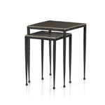 Slender styling adopts depth from swirls of vintage tones. Tapered legs with rounded feet bring balanced footing to streamlined shaping. Aluminum tops are squared-off and finished in an antique nickel. 
Â 
Large nesting table measures 16"W x 21.25"H. 
Small table measures 12.5"W x 18.25"H. Amethyst Home provides interior design, new construction, custom furniture, and area rugs in the Tampa metro area.