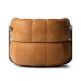 Featuring Doss Terra Brown Oak Accent Swivel Chair by Four Hands at Amethyst Home. The ultimate in polished media style seating has arrived. Framed in oak, this 360-degree swivel chair is constructed with two separate pieces â€” the seat and the back. The piece features evenly spaced spring suspension and caramel top-grain leather stitched into 5.5-inch ch. Amethyst Home provides interior design, new home construction design consulting, vintage area rugs, and lighting in the Alpharetta metro area.
