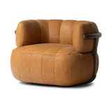 Featuring Doss Terra Brown Oak Accent Swivel Chair by Four Hands at Amethyst Home. The ultimate in polished media style seating has arrived. Framed in oak, this 360-degree swivel chair is constructed with two separate pieces â€” the seat and the back. The piece features evenly spaced spring suspension and caramel top-grain leather stitched into 5.5-inch cha. Amethyst Home provides interior design, new home construction design consulting, vintage area rugs, and lighting in the Calabasas metro area.