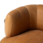 Featuring Doss Terra Brown Oak Accent Swivel Chair by Four Hands at Amethyst Home. The ultimate in polished media style seating has arrived. Framed in oak, this 360-degree swivel chair is constructed with two separate pieces â€” the seat and the back. The piece features evenly spaced spring suspension and caramel top-grain leather stitched into 5.5-inch chann. Amethyst Home provides interior design, new home construction design consulting, vintage area rugs, and lighting in the Houston metro area.