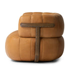 Featuring Doss Terra Brown Oak Accent Swivel Chair by Four Hands at Amethyst Home. The ultimate in polished media style seating has arrived. Framed in oak, this 360-degree swivel chair is constructed with two separate pieces â€” the seat and the back. The piece features evenly spaced spring suspension and caramel top-grain leather stitched into 5.5-inch cha. Amethyst Home provides interior design, new home construction design consulting, vintage area rugs, and lighting in the Nashville metro area.