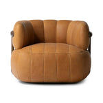 Featuring Doss Terra Brown Oak Accent Swivel Chair by Four Hands at Amethyst Home. The ultimate in polished media style seating has arrived. Framed in oak, this 360-degree swivel chair is constructed with two separate pieces â€” the seat and the back. The piece features evenly spaced spring suspension and caramel top-grain leather stitched into 5.5-inch chan. Amethyst Home provides interior design, new home construction design consulting, vintage area rugs, and lighting in the Portland metro area.
