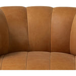 Featuring Doss Terra Brown Oak Accent Swivel Chair by Four Hands at Amethyst Home. The ultimate in polished media style seating has arrived. Framed in oak, this 360-degree swivel chair is constructed with two separate pieces â€” the seat and the back. The piece features evenly spaced spring suspension and caramel top-grain leather stitched into 5.5-inch ch. Amethyst Home provides interior design, new home construction design consulting, vintage area rugs, and lighting in the Washington metro area.