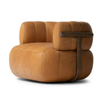 Featuring Doss Terra Brown Oak Accent Swivel Chair by Four Hands at Amethyst Home. The ultimate in polished media style seating has arrived. Framed in oak, this 360-degree swivel chair is constructed with two separate pieces â€” the seat and the back. The piece features evenly spaced spring suspension and caramel top-grain leather stitched into 5.5-inch. Amethyst Home provides interior design, new home construction design consulting, vintage area rugs, and lighting in the Winter Garden metro area.