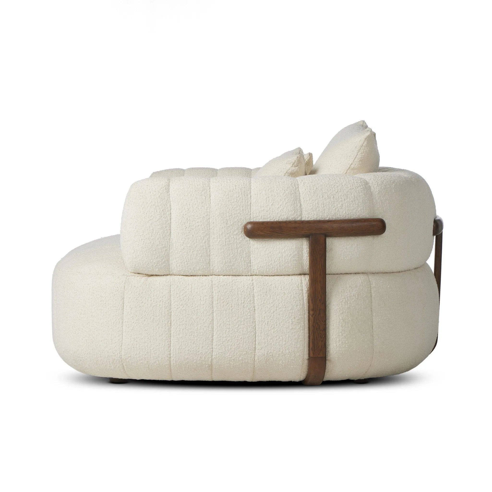 Featuring Doss Terra Brown Oak Media Lounger by Four Hands at Amethyst Home. The ultimate in polished media style seating has arrived. Framed in oak, this lounger is constructed with two separate pieces â€” the seat and the back â€” and accompanied by four toss cushions. The lounger features evenly spaced spring suspension and a heavy boucle upholstery stit. Amethyst Home provides interior design, new home construction design consulting, vintage area rugs, and lighting in the Nashville metro area.