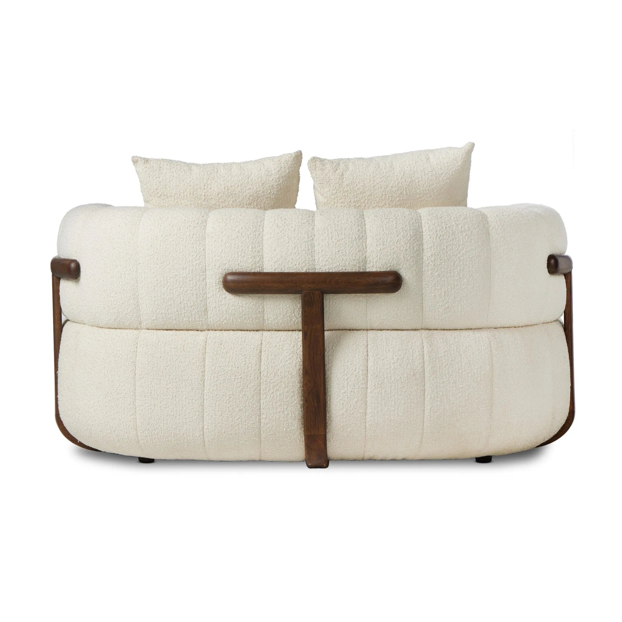 Featuring Doss Terra Brown Oak Media Lounger by Four Hands at Amethyst Home. The ultimate in polished media style seating has arrived. Framed in oak, this lounger is constructed with two separate pieces â€” the seat and the back â€” and accompanied by four toss cushions. The lounger features evenly spaced spring suspension and a heavy boucle upholstery stitc. Amethyst Home provides interior design, new home construction design consulting, vintage area rugs, and lighting in the Portland metro area.
