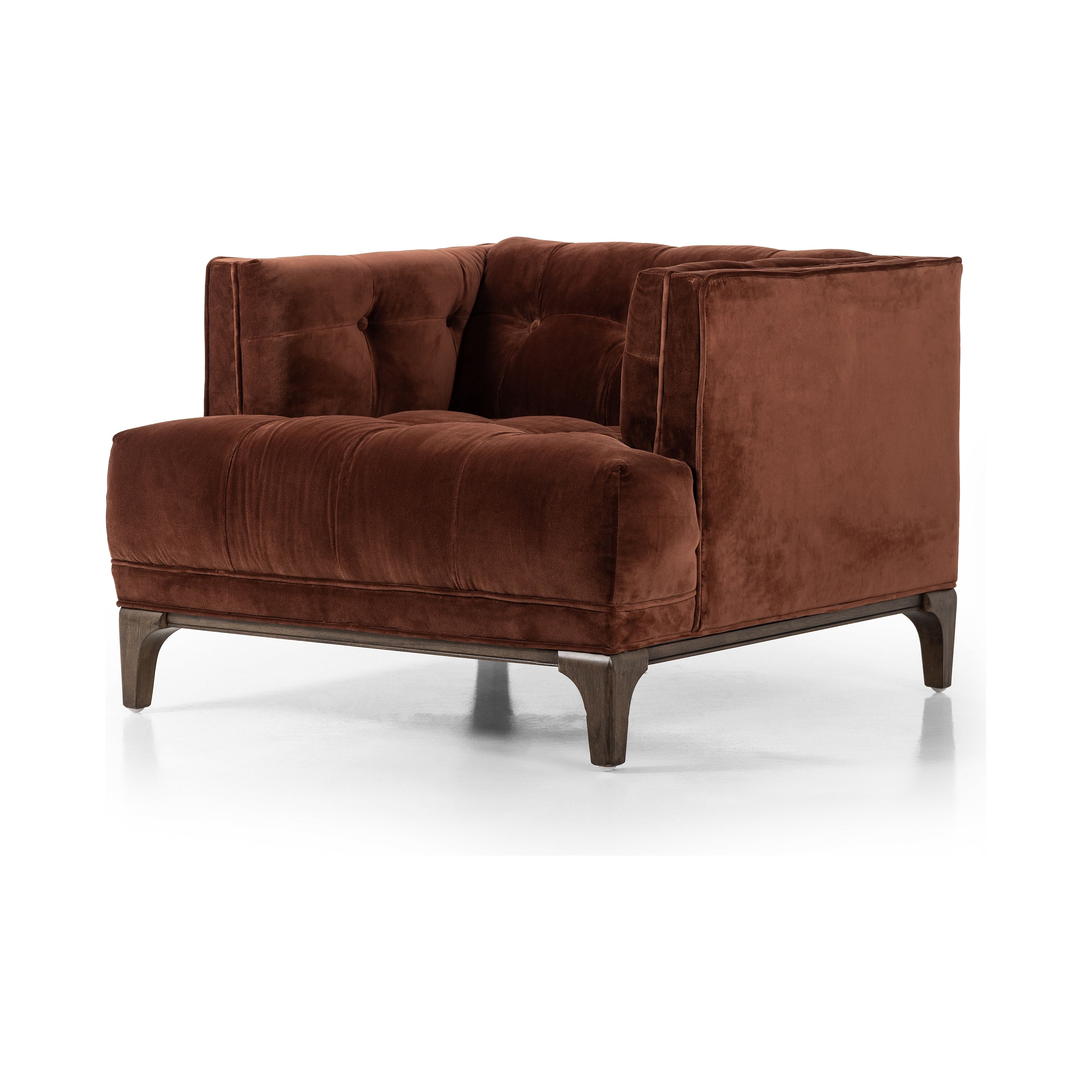 This low, tailored midcentury silhouette is upholstered in a velvety auburn fabric, with dramatic blind tufting for texture. Amethyst Home provides interior design, new home construction design consulting, vintage area rugs, and lighting in the Los Angeles metro area.