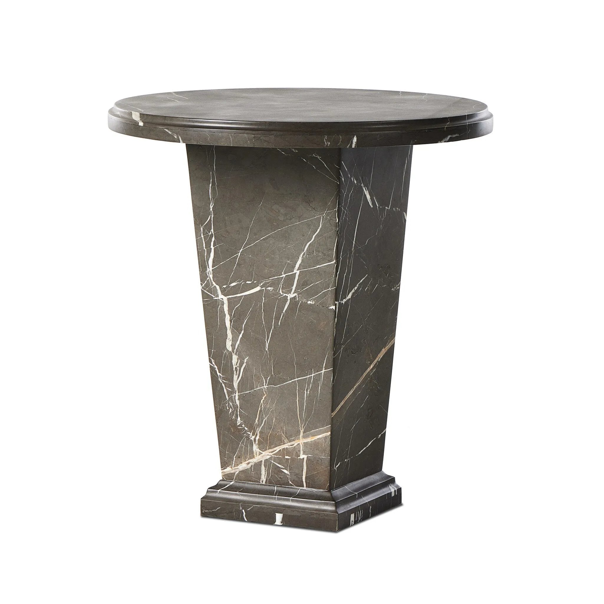 Inspired by Roman columns, a versatile end table of grey Italian marble works a sophisticated touch into any room.Collection: Elemen Amethyst Home provides interior design, new home construction design consulting, vintage area rugs, and lighting in the Houston metro area.