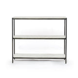 Add a pop of sophistication to any space. Polished white marble lays three tiers of smooth shelving for an open style with plenty of surface area. Hammered grey framing places a feminine-industrial spin on console storage. Amethyst Home provides interior design, new home construction design consulting, vintage area rugs, and lighting in the Salt Lake City metro area.