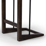 Featuring Finn Sienna Brown Oak Counter Stool by Four Hands at Amethyst Home. A stunner from every angle, this architecturally inspired stool features an angular base crafted from solid oak with two iron rods for added support and visual interest. Seat is upholstered in a linen/cotton/poly blend performance fabric with subtle texture throughout. Performa. Amethyst Home provides interior design, new home construction design consulting, vintage area rugs, and lighting in the Laguna Beach metro area.