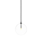 Featuring Glass Black Gunmetal Clear Glass Globe Medium Pendant by Four Hands at Amethyst Home. A single glass sphere dangles for a stunning effect. Each globe is individually blown, shaped and sculpted by hand through a one-hour process. The finish on the brass frame is achieved through a specialized process that turns the brass into an almost black hue . Amethyst Home provides interior design, new home construction design consulting, vintage area rugs, and lighting in the Los Angeles metro area.
