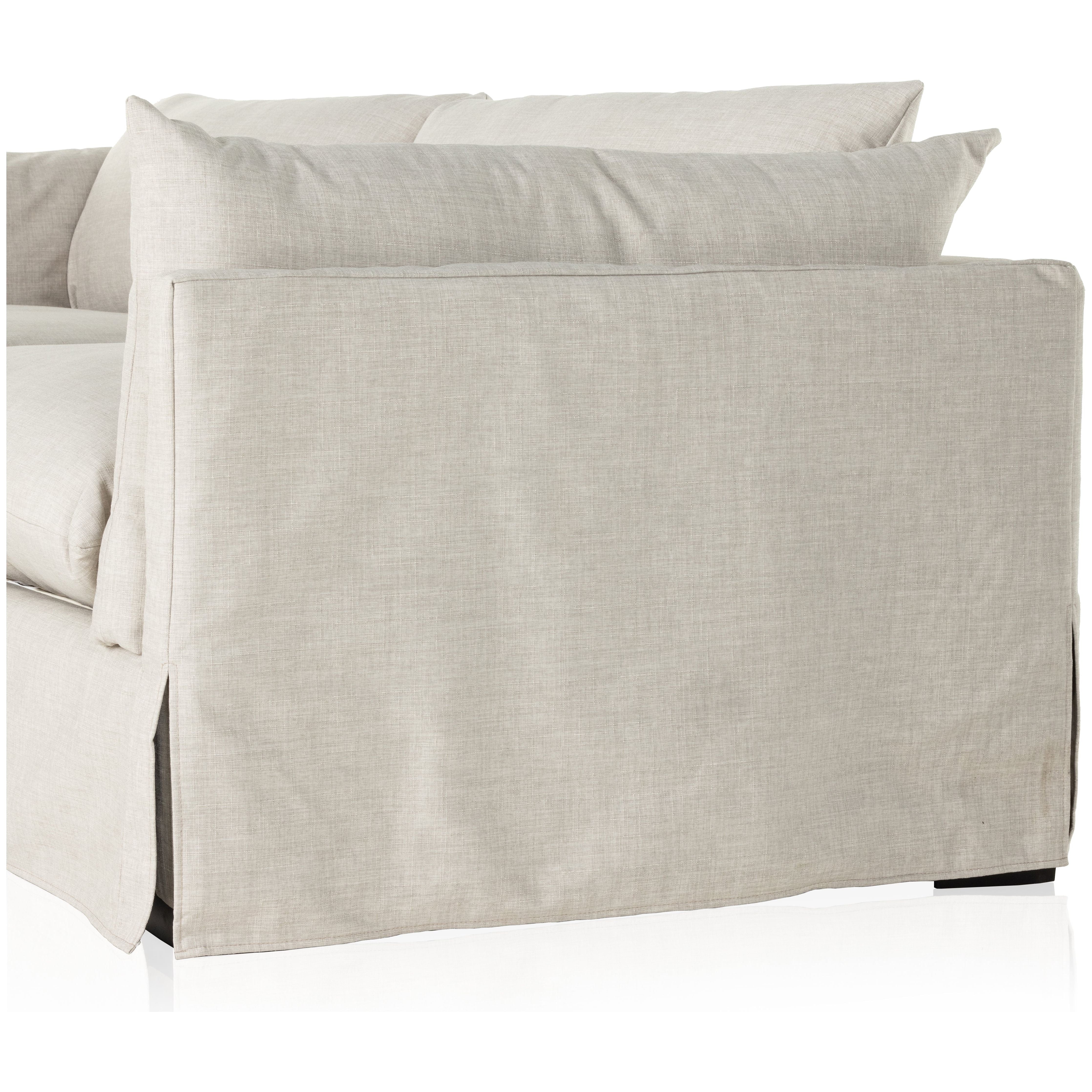 A slipcovered sofa made for modern living. Shelter arms and big, pillow-inspired cushions are covered in a durable comfortable fabric prime for lounging. Performance fabrics are specially created to withstand spills, stains, high traffic and wear, ensuring long-term comfort and unmatched durability. Amethyst Home provides interior design, new construction, custom furniture, and area rugs in the Los Angeles metro area.