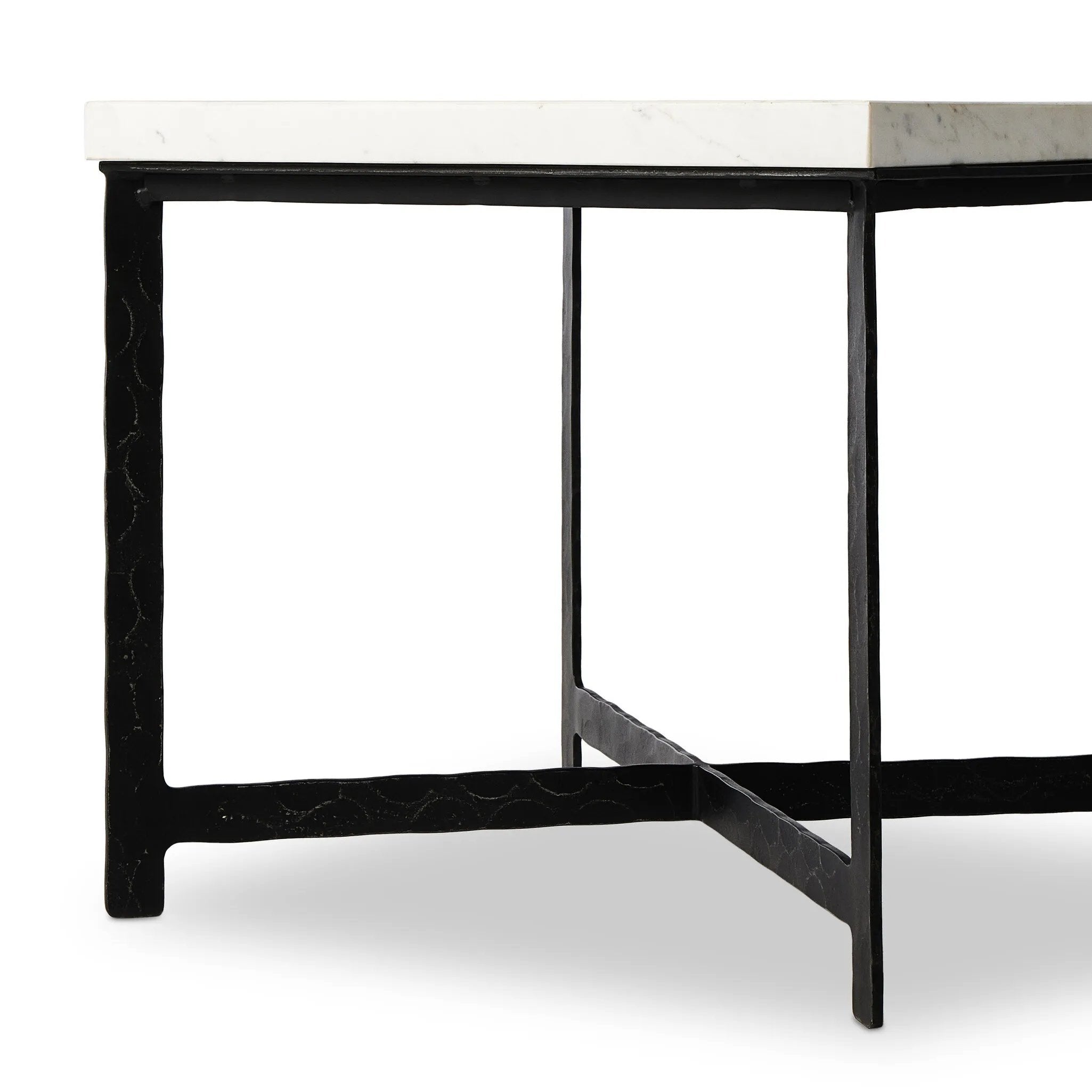 Featuring Hammered White Marble Iron End Table by Four Hands at Amethyst Home. An open, hand-hammered base of black iron supports a squared top of white marble, for a beautifully streamlined look with rustic vibes.Collection: ElementColors: White Marble ,Hammered Black IronMaterials: Solid Marble ,Iron ,Engineered Hardwood Weight: 89.9 lbs. Amethyst Home provides interior design, new home construction design consulting, vintage area rugs, and lighting in the Des Moines metro area.