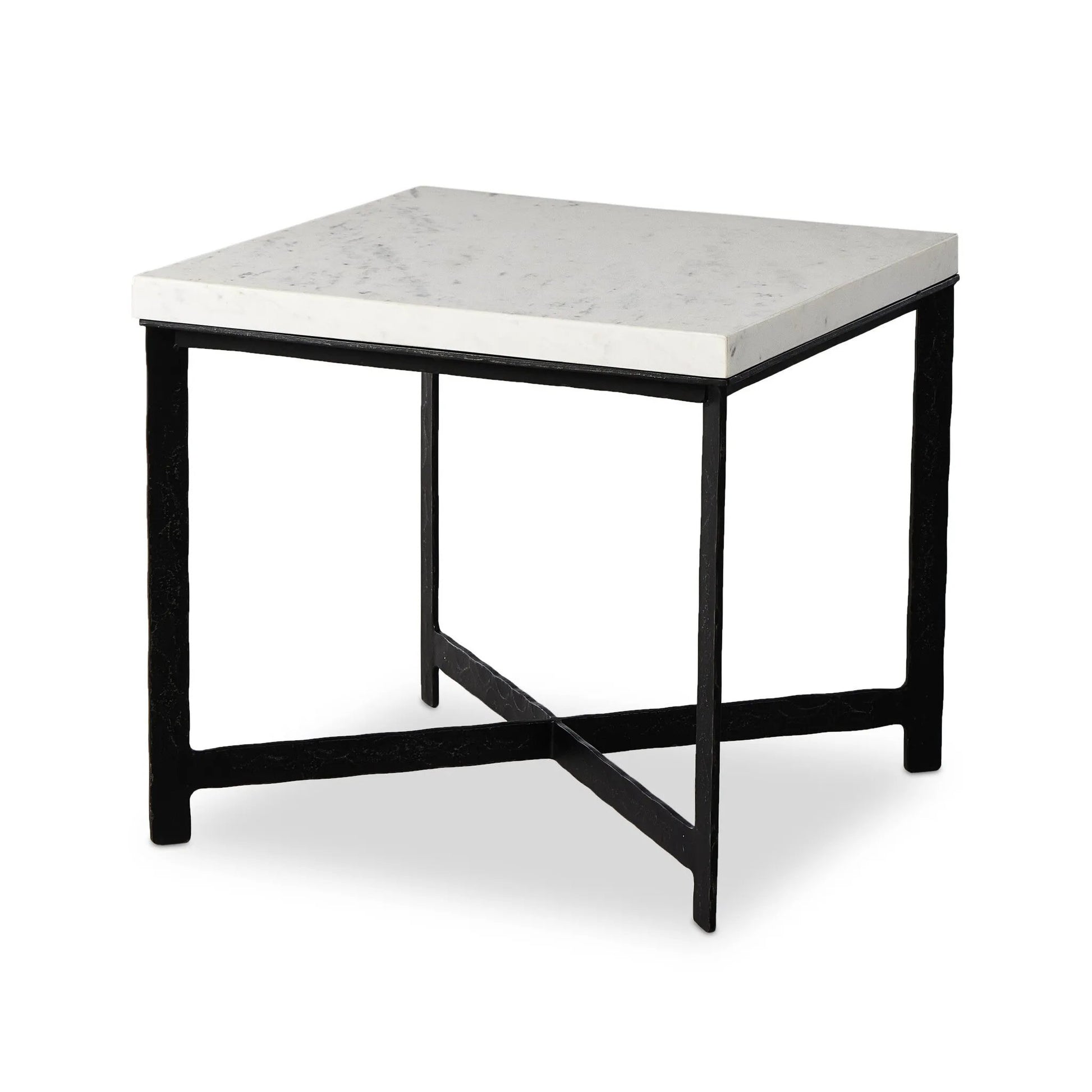 An open, hand-hammered base of black iron supports a squared top of white marble, for a beautifully streamlined look with rustic vibes.Collection: Elemen Amethyst Home provides interior design, new home construction design consulting, vintage area rugs, and lighting in the Kansas City metro area.