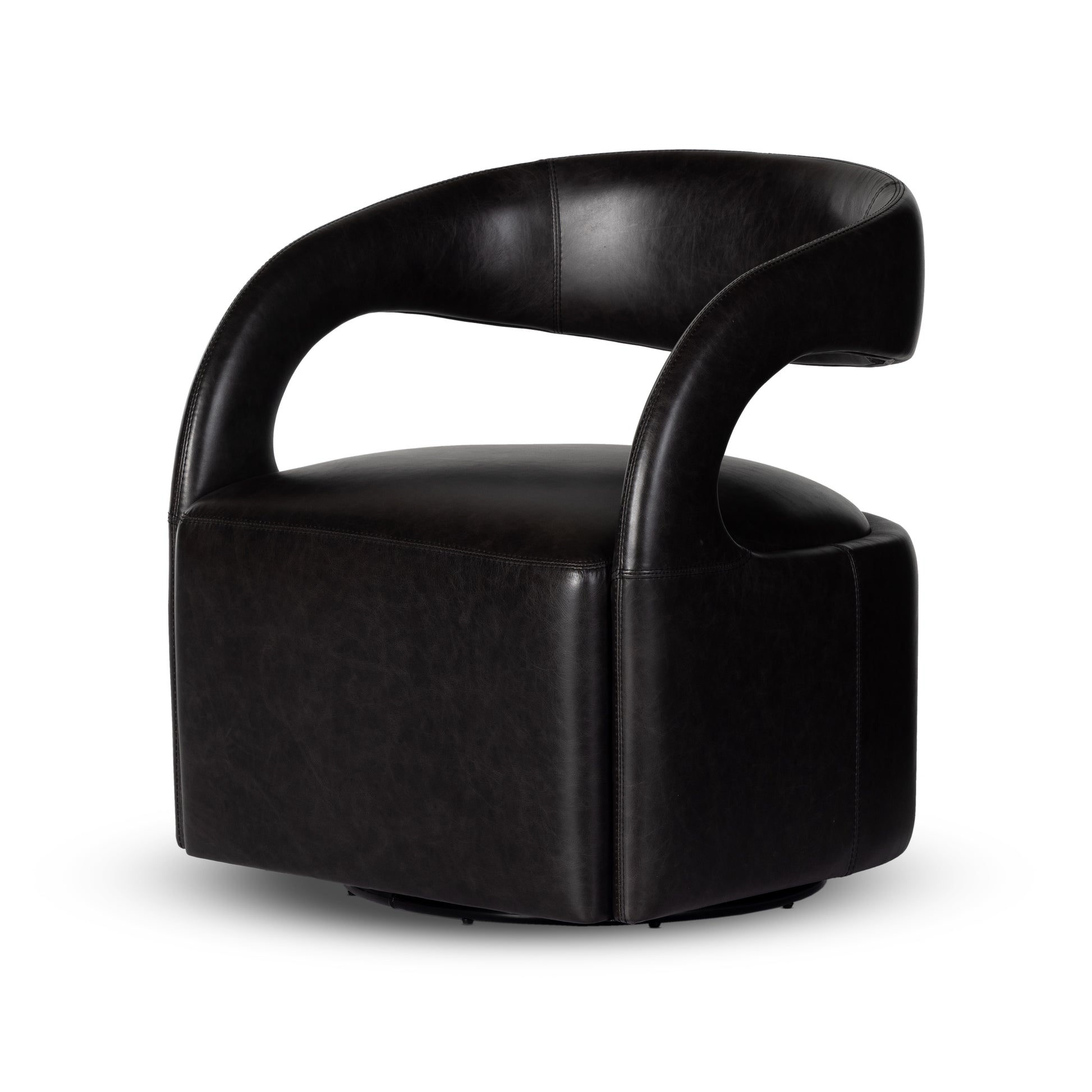 This 360-swivel update of the fan-favorite stationary design makes quite the statement. Well curved and finely sculpted, black top-grain leather exclusive to Four Hands makes a uniquely shapely statement in any room.Overall Dimensions: 26"w x 26"d x 29"hColors: Sonoma ButterscotchMaterials: Top Grain LeatherWeight: 51.26Volume: 13. Amethyst Home provides interior design, new home construction design consulting, vintage area rugs, and lighting in the Charlotte metro area.