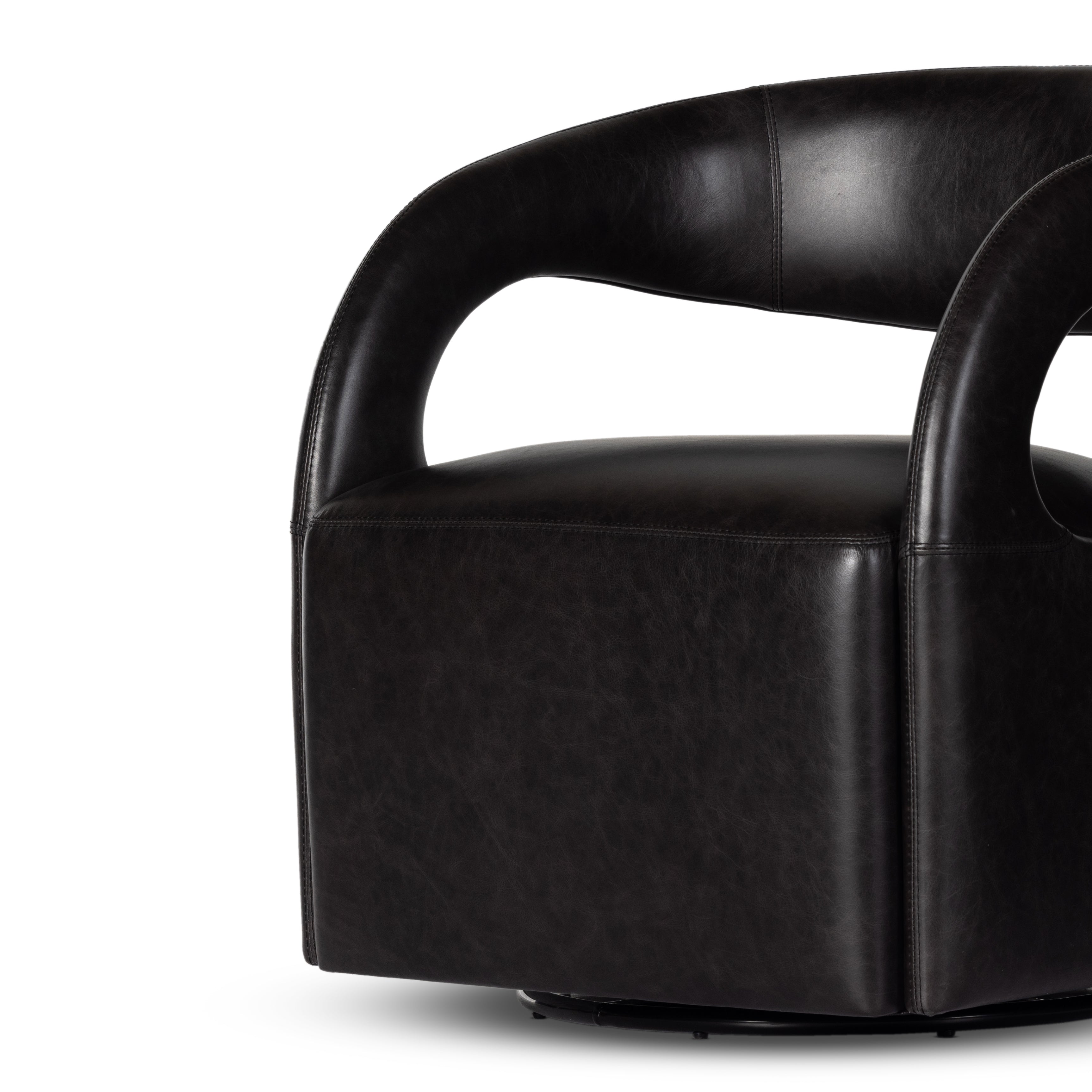 This 360-swivel update of the fan-favorite stationary design makes quite the statement. Well curved and finely sculpted, black top-grain leather exclusive to Four Hands makes a uniquely shapely statement in any room.Overall Dimensions: 26"w x 26"d x 29"hColors: Sonoma ButterscotchMaterials: Top Grain LeatherWeight: 51.26Volume: 13. Amethyst Home provides interior design, new home construction design consulting, vintage area rugs, and lighting in the Nashville metro area.