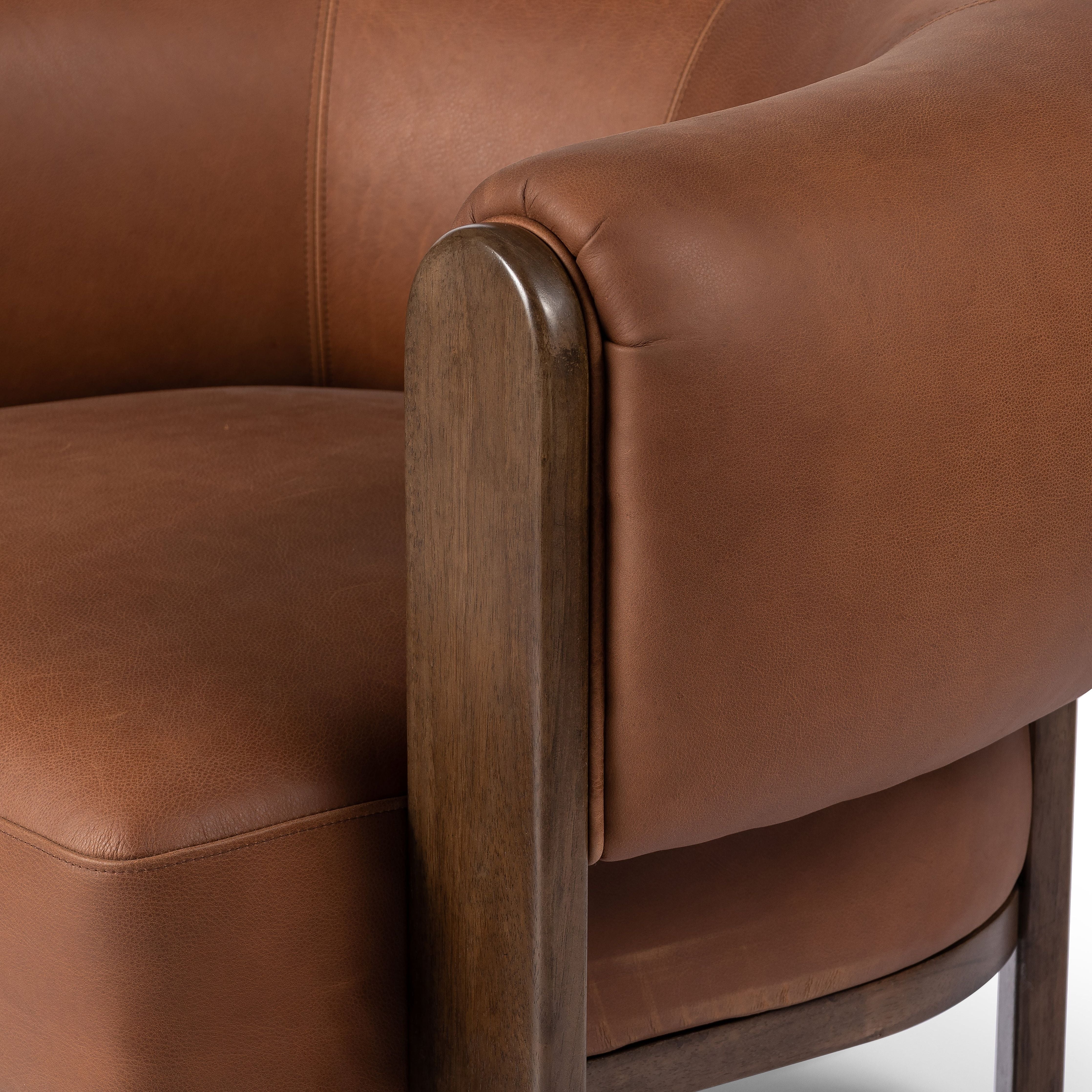 Featuring Ira Brickhouse Cognac Chair by Four Hands at Amethyst Home. A 60s-era design is re-envisioned with an exposed parawood frame, thick-cut Brazilian leather and overinflated arms that provide cushion all around. Designed with an extra-thick seat cushioning with S spring construction for a plush, supportive sit.
Collection: WestgateColors: Brickhouse Cognac ,Vintage Parawoo. Amethyst Home provides interior design, new construction, custom furniture, and area rugs in the Nashville metro area.