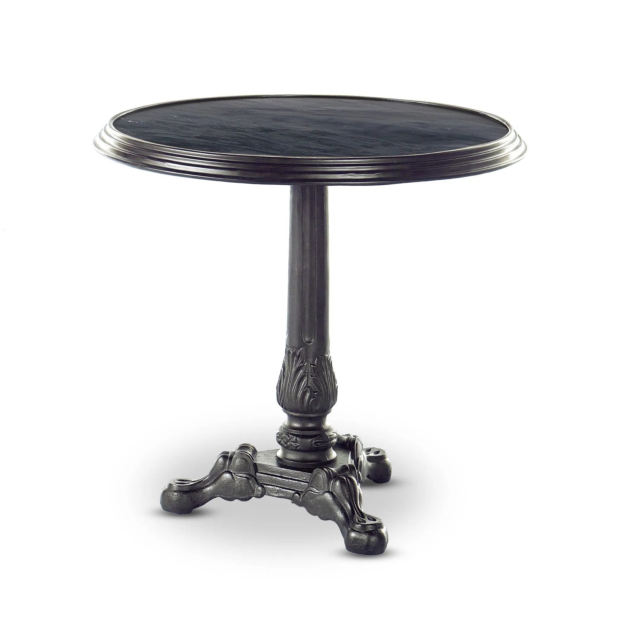 For a fresh take on classic Parisian styling, an ornate cast iron base is topped with black marble.Collection: Rockwel Amethyst Home provides interior design, new home construction design consulting, vintage area rugs, and lighting in the Houston metro area.