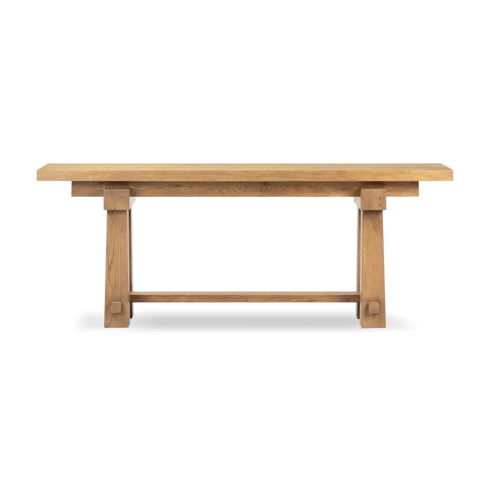A console of a honey-finished oak, with joint and connection detailing for an artisan-style feel.Collection: Haide Amethyst Home provides interior design, new home construction design consulting, vintage area rugs, and lighting in the Miami metro area.