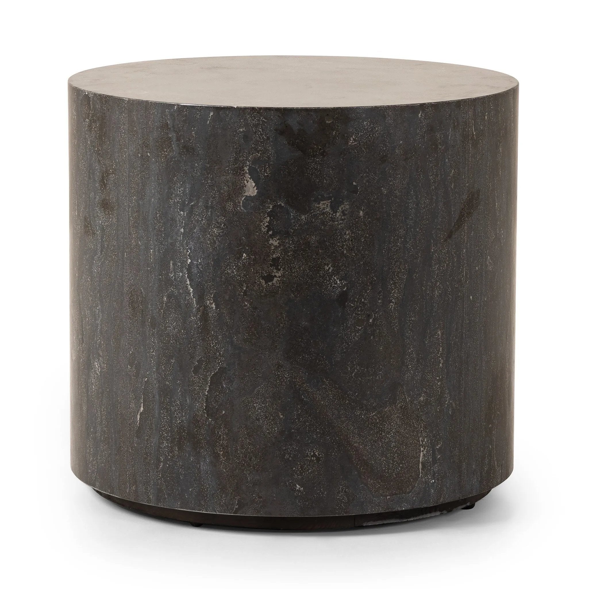 A cylinder-shaped end tables brings an organic look to the living room. Made from natural polished bluestone.Collection: Hughe Amethyst Home provides interior design, new home construction design consulting, vintage area rugs, and lighting in the Houston metro area.