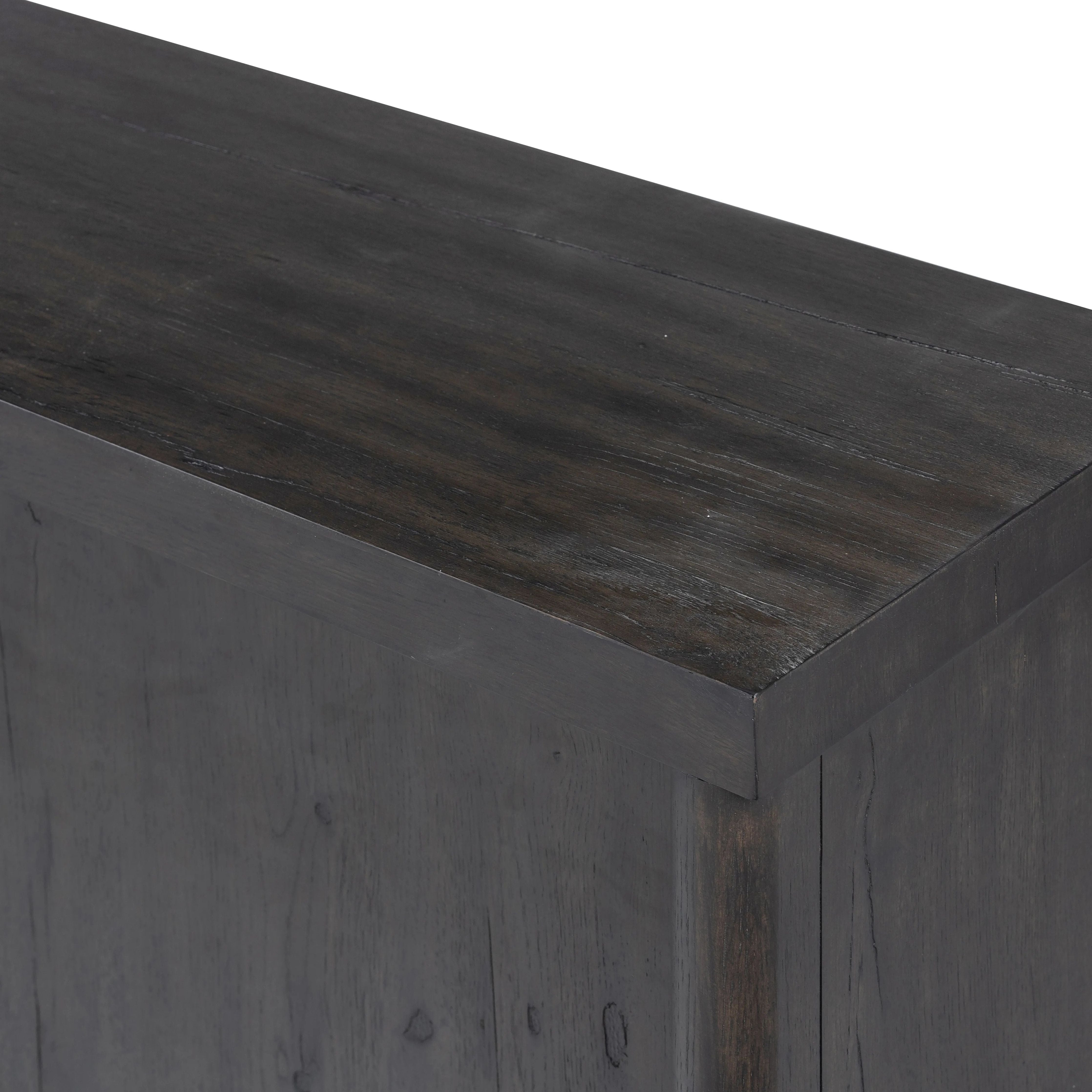 Inspired by European antiques, black-finished oak veneer features cracks and weathering for a character-rich look. Sliding doors open to reveal generous storage space for media, with rear cutouts to keep your cords out of sight Amethyst Home provides interior design, new home construction design consulting, vintage area rugs, and lighting in the Boston metro area.