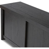 Inspired by European antiques, black-finished oak veneer features cracks and weathering for a character-rich look. Sliding doors open to reveal generous storage space for media, with rear cutouts to keep your cords out of sight Amethyst Home provides interior design, new home construction design consulting, vintage area rugs, and lighting in the Dallas metro area.