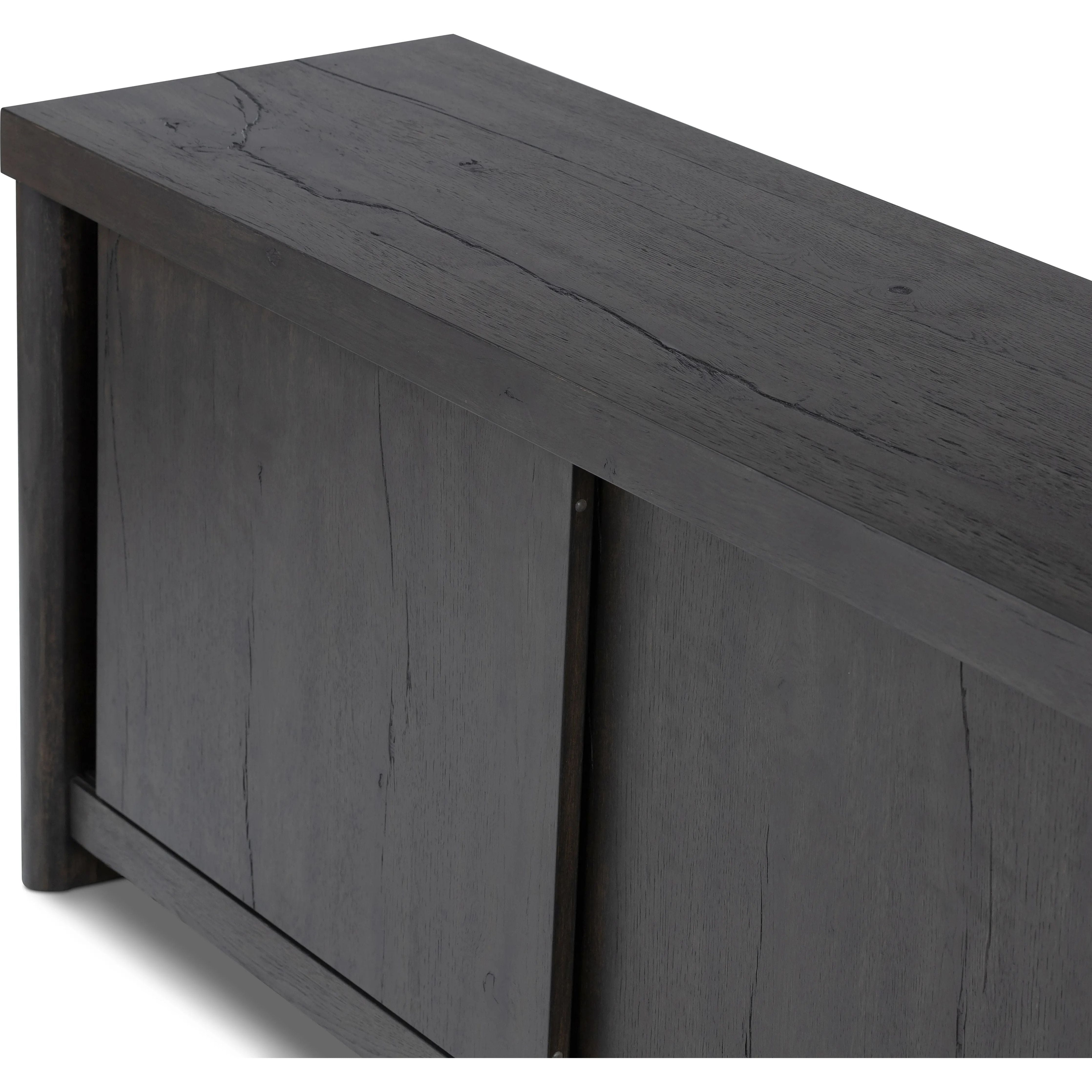 Inspired by European antiques, black-finished oak veneer features cracks and weathering for a character-rich look. Sliding doors open to reveal generous storage space for media, with rear cutouts to keep your cords out of sight Amethyst Home provides interior design, new home construction design consulting, vintage area rugs, and lighting in the Dallas metro area.