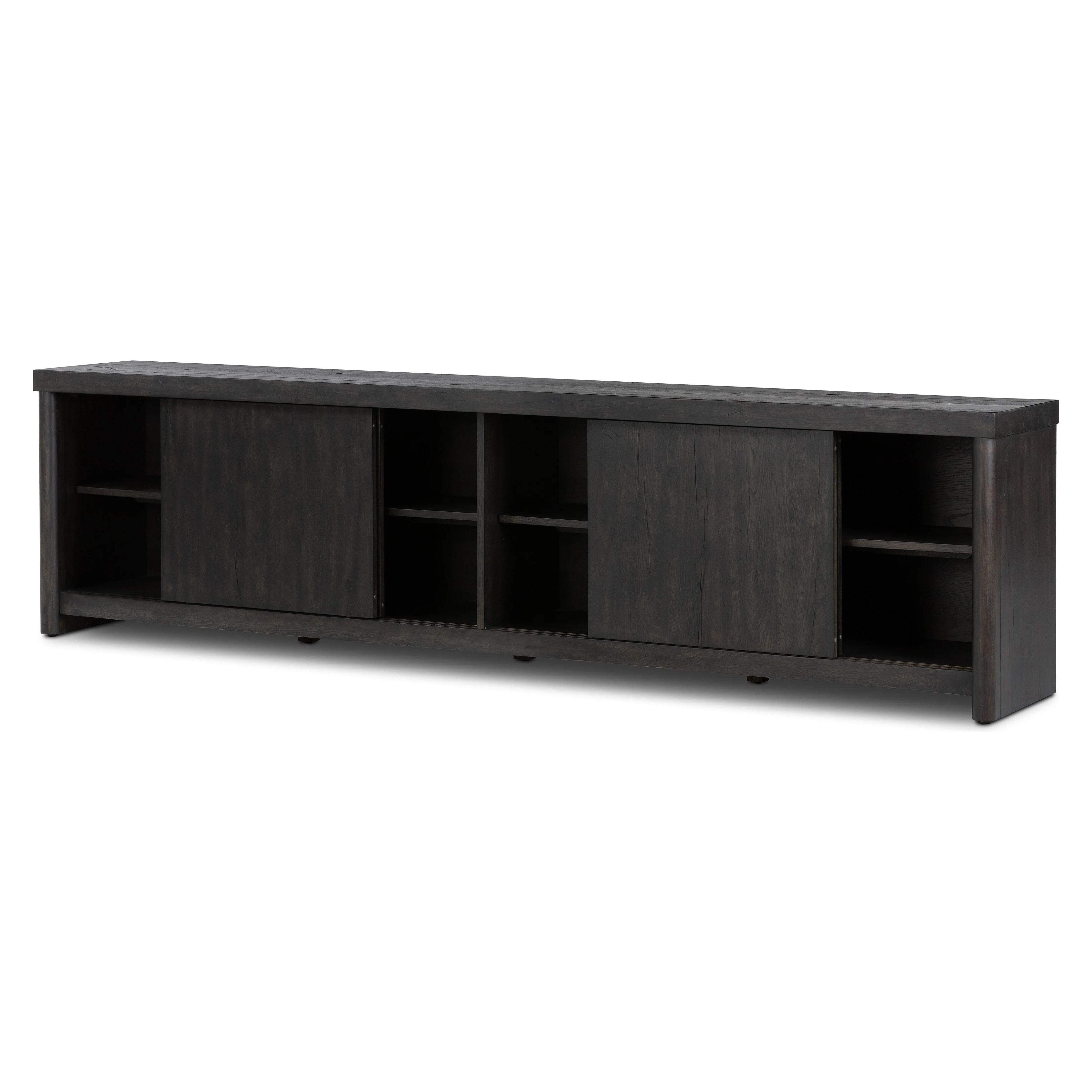 Inspired by European antiques, black-finished oak veneer features cracks and weathering for a character-rich look. Sliding doors open to reveal generous storage space for media, with rear cutouts to keep your cords out of sight Amethyst Home provides interior design, new home construction design consulting, vintage area rugs, and lighting in the Houston metro area.
