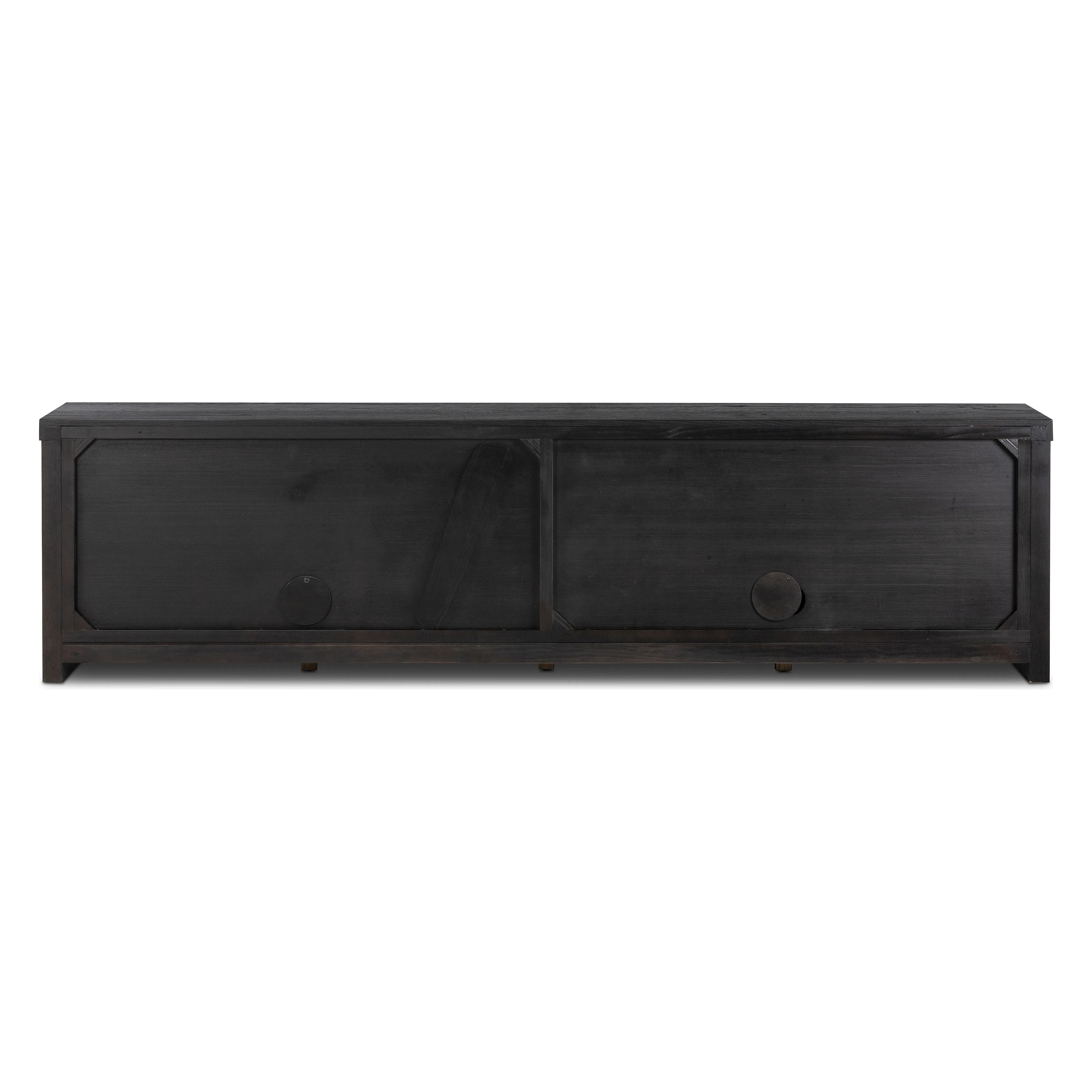 Inspired by European antiques, black-finished oak veneer features cracks and weathering for a character-rich look. Sliding doors open to reveal generous storage space for media, with rear cutouts to keep your cords out of sight Amethyst Home provides interior design, new home construction design consulting, vintage area rugs, and lighting in the San Diego metro area.