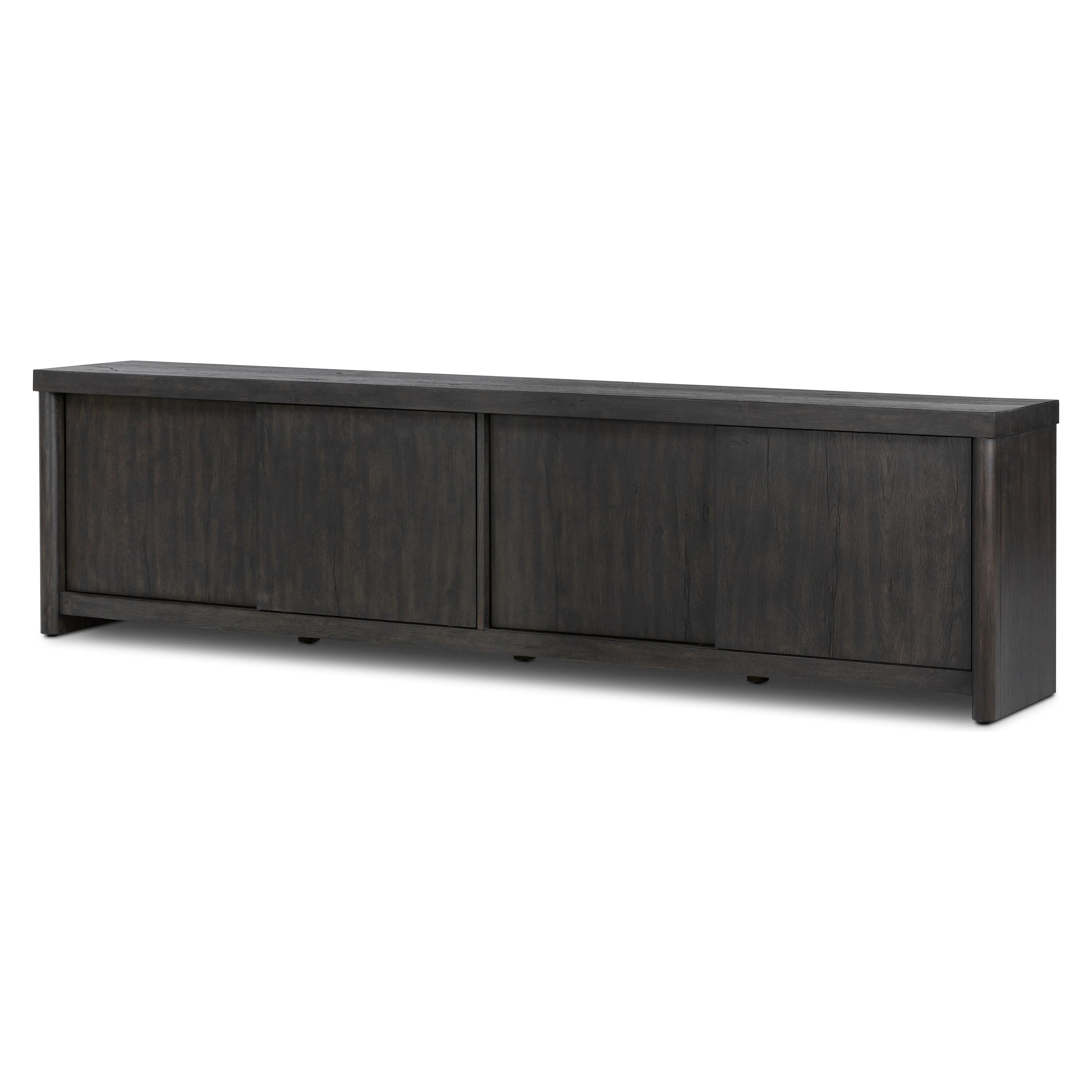 Inspired by European antiques, black-finished oak veneer features cracks and weathering for a character-rich look. Sliding doors open to reveal generous storage space for media, with rear cutouts to keep your cords out of sight Amethyst Home provides interior design, new home construction design consulting, vintage area rugs, and lighting in the Washington metro area.