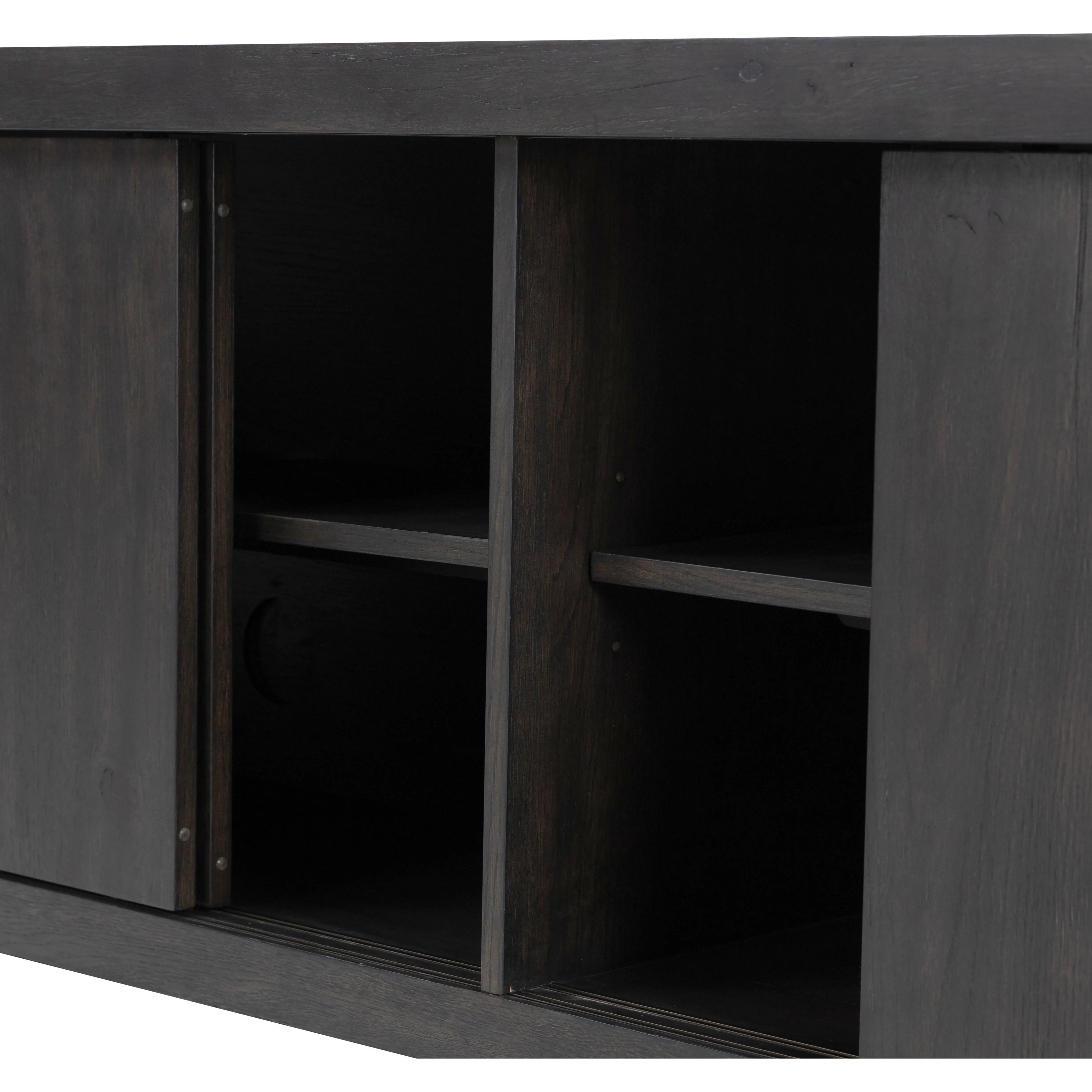 Inspired by European antiques, black-finished oak veneer features cracks and weathering for a character-rich look. Sliding doors open to reveal generous storage space for media, with rear cutouts to keep your cords out of sight Amethyst Home provides interior design, new home construction design consulting, vintage area rugs, and lighting in the Winter Garden metro area.