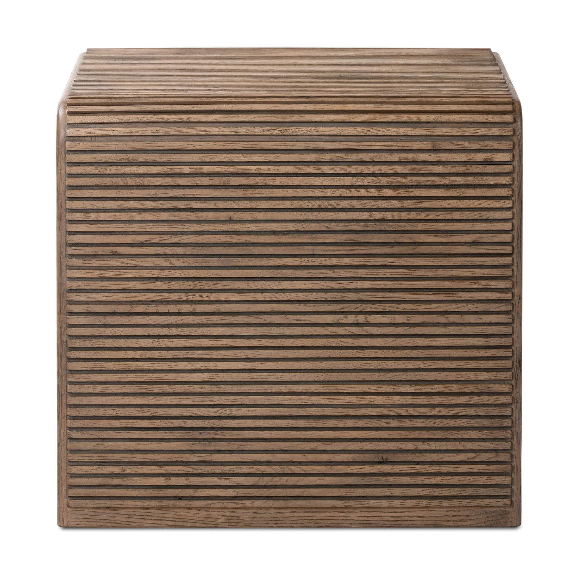 Made from rustic-finished oak, linear reeding and a curved shape define this midcentury-spirited end table. Designed in partnership with longtime Four Hands collaborator Thomas Bina and Brazilian designer Ronald Sasson.Collection: Bin Amethyst Home provides interior design, new home construction design consulting, vintage area rugs, and lighting in the Des Moines metro area.