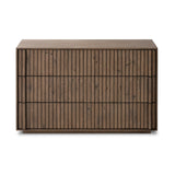 Featuring Leo Rustic Grey Nightstand by Four Hands at Amethyst Home. Designed by Thomas Bina and Ronald Sasson, a design partnership blending both modern minimalist and Brazilian influences. Crafted from solid oak, this clean-lined nightstand features vertical reed detailing on the drawer fronts with wooden pull detailing on the outer edges. Drawers are fin. Amethyst Home provides interior design, new home construction design consulting, vintage area rugs, and lighting in the Calabasas metro area.