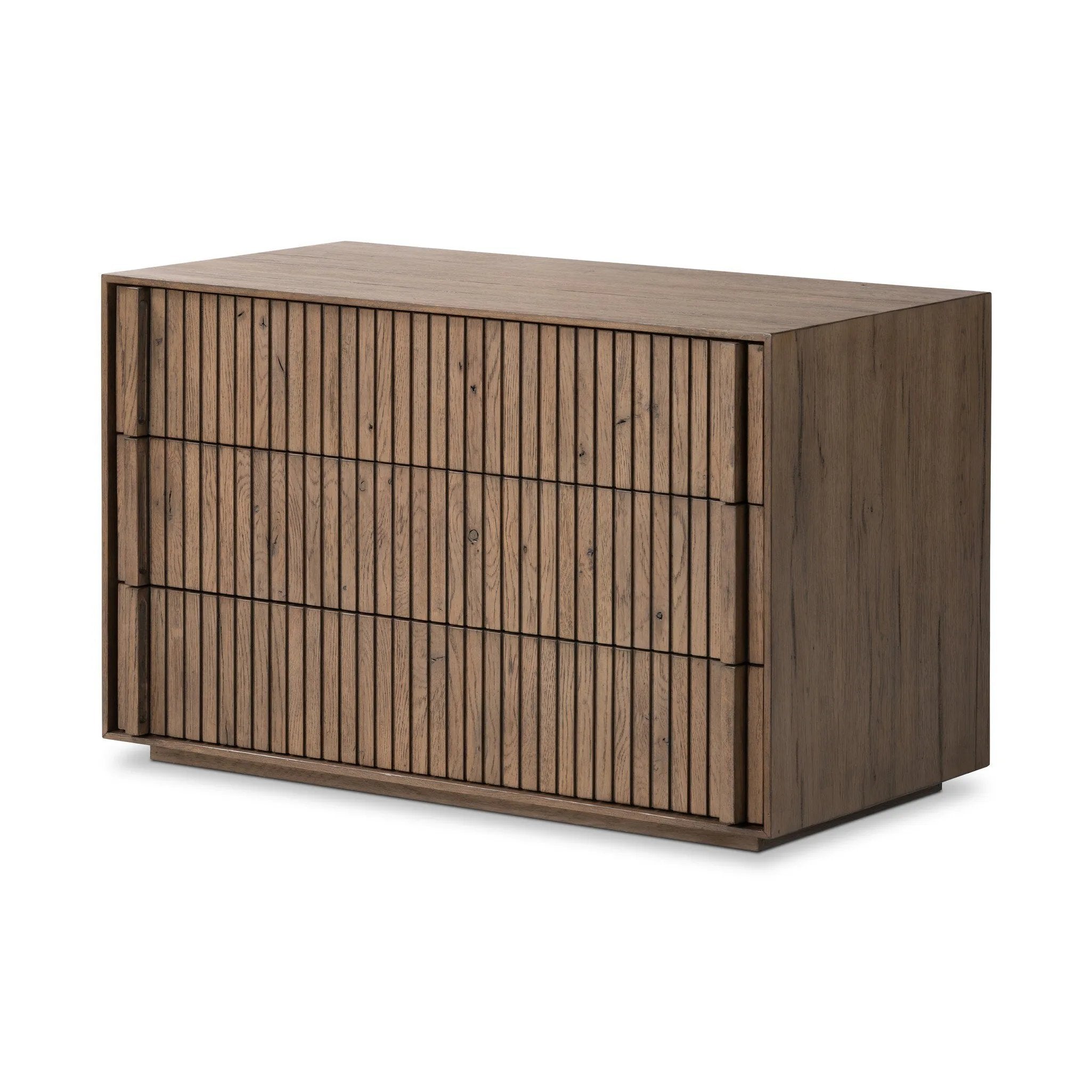 Featuring Leo Rustic Grey Nightstand by Four Hands at Amethyst Home. Designed by Thomas Bina and Ronald Sasson, a design partnership blending both modern minimalist and Brazilian influences. Crafted from solid oak, this clean-lined nightstand features vertical reed detailing on the drawer fronts with wooden pull detailing on the outer edges. Drawers are . Amethyst Home provides interior design, new home construction design consulting, vintage area rugs, and lighting in the Laguna Beach metro area.
