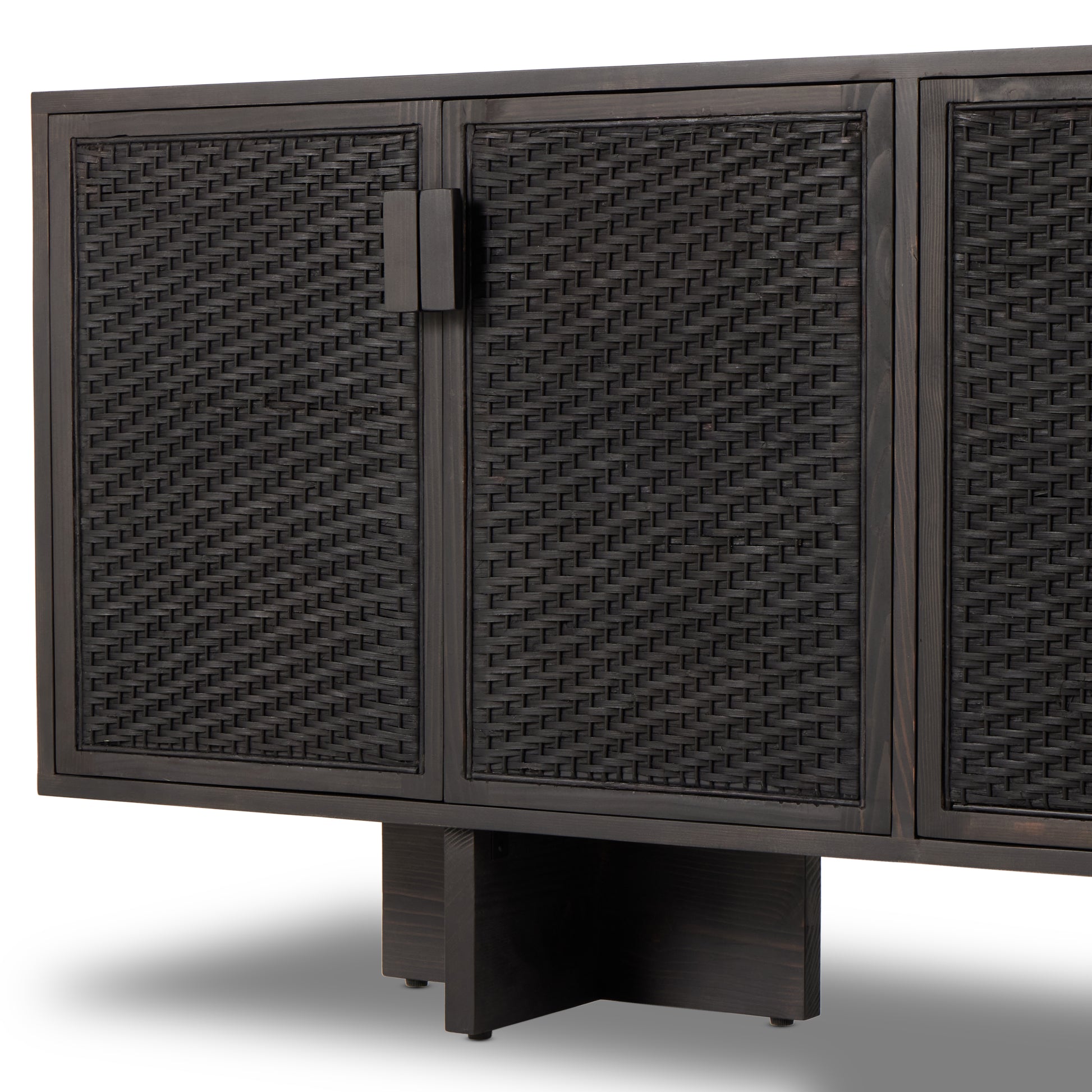 Experience cane on a whole new level. Finished in a classic black, woven rod cane paneling brings a high-texture look to solid pine, for a rich, full look. Dual rear cutouts for easy cord management. Amethyst Home provides interior design, new construction, custom furniture, and area rugs in the Calabasas metro area.