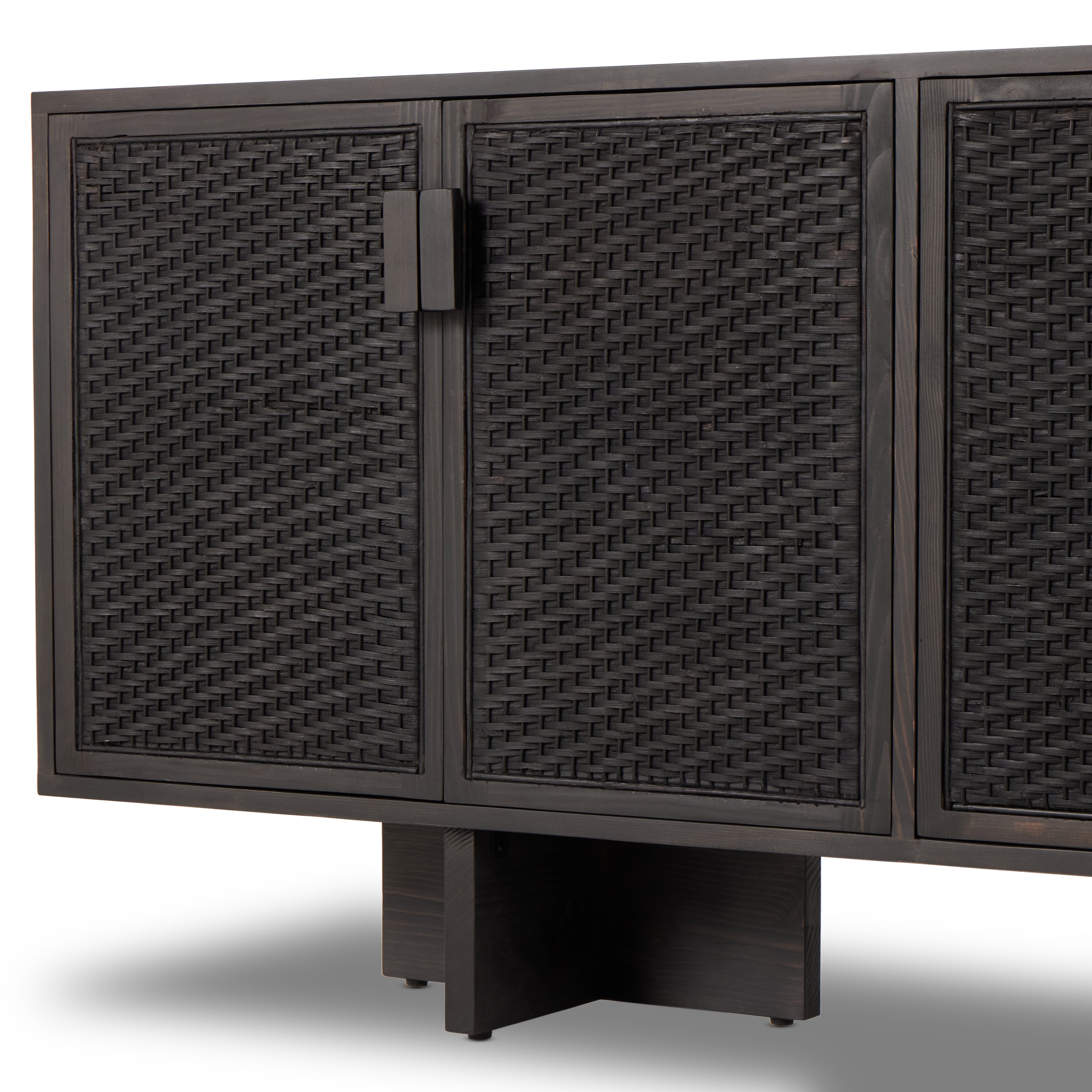 Experience cane on a whole new level. Finished in a classic black, woven rod cane paneling brings a high-texture look to solid pine, for a rich, full look. Dual rear cutouts for easy cord management. Amethyst Home provides interior design, new construction, custom furniture, and area rugs in the Calabasas metro area.