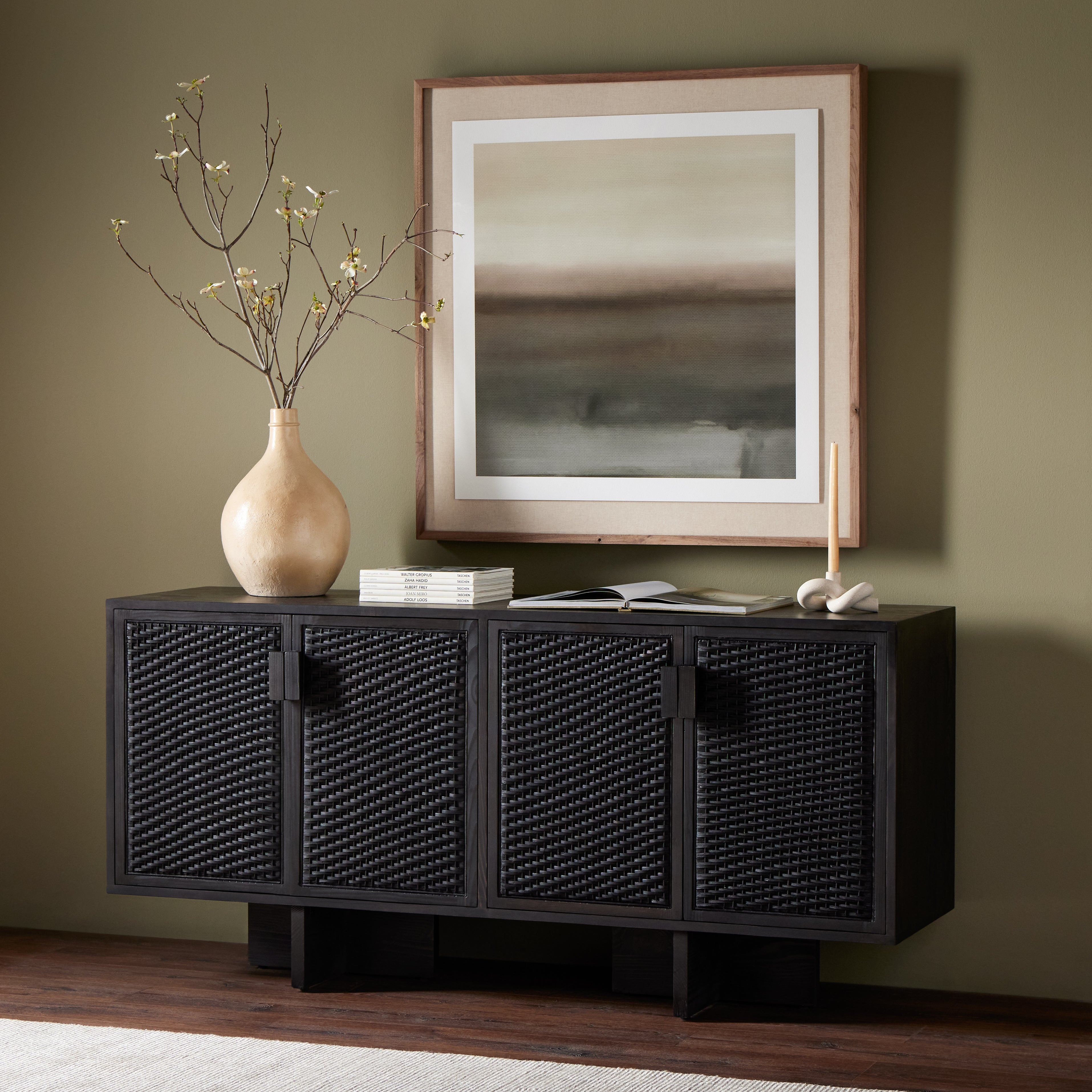 Experience cane on a whole new level. Finished in a classic black, woven rod cane paneling brings a high-texture look to solid pine, for a rich, full look. Dual rear cutouts for easy cord management. Amethyst Home provides interior design, new construction, custom furniture, and area rugs in the Los Angeles metro area.