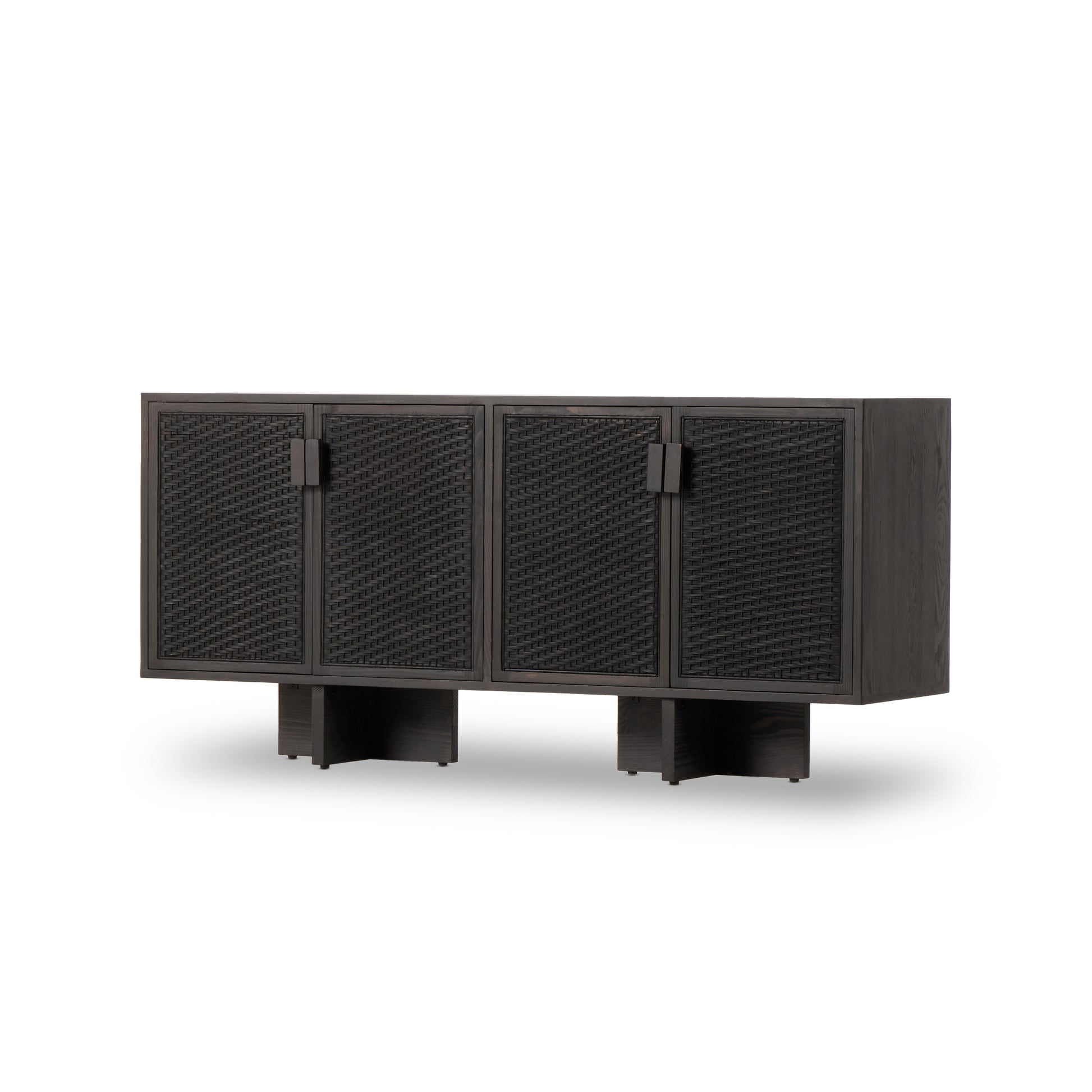 Experience cane on a whole new level. Finished in a classic black, woven rod cane paneling brings a high-texture look to solid pine, for a rich, full look. Dual rear cutouts for easy cord management. Amethyst Home provides interior design, new construction, custom furniture, and area rugs in the Park City metro area.