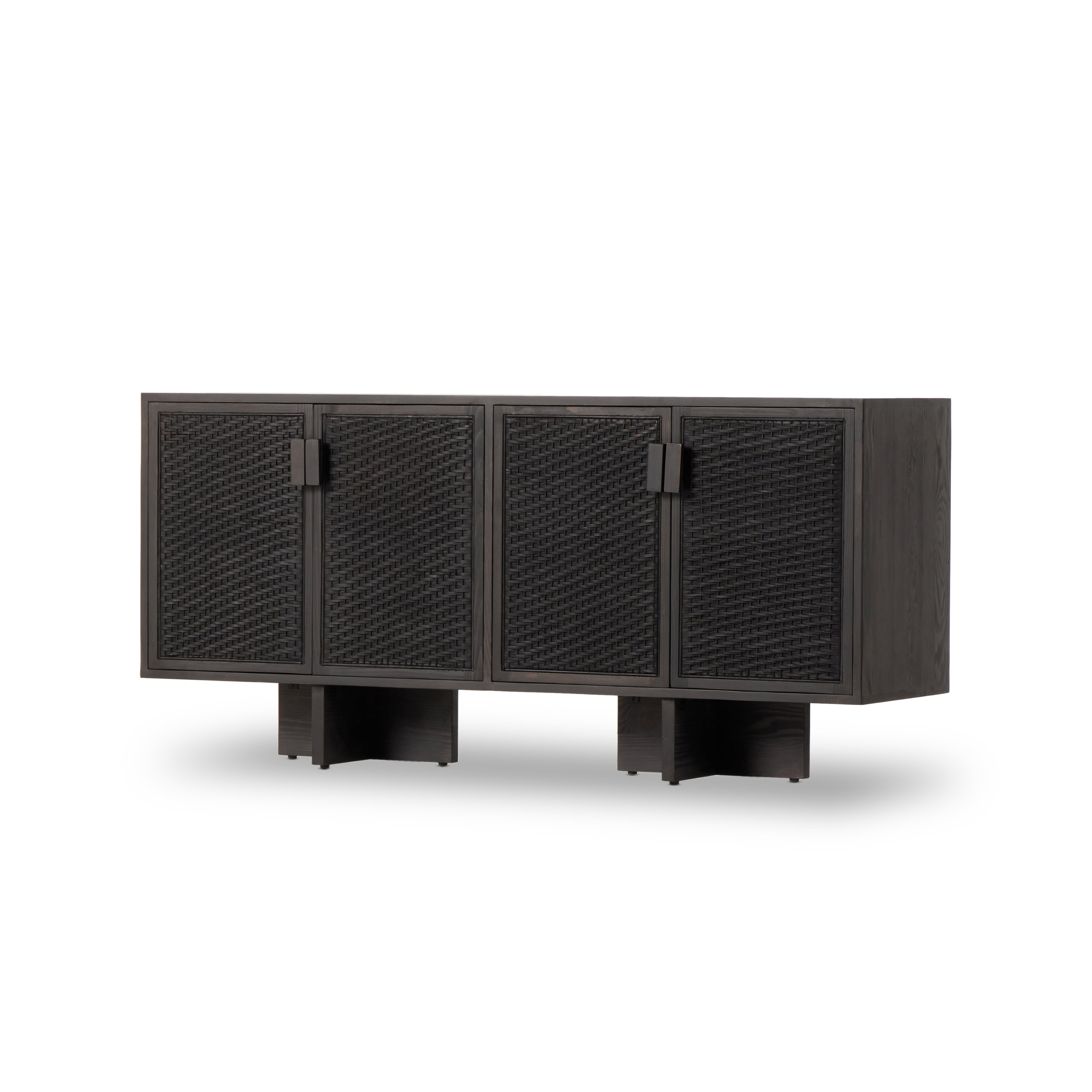 Experience cane on a whole new level. Finished in a classic black, woven rod cane paneling brings a high-texture look to solid pine, for a rich, full look. Dual rear cutouts for easy cord management. Amethyst Home provides interior design, new construction, custom furniture, and area rugs in the Park City metro area.