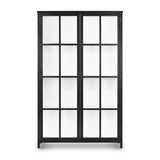 Finished in a classic black, large-scaled iron cabinetry takes on tempered glass door fronts with traditional window-style paneling, for an open look with great contrast. Amethyst Home provides interior design, new construction, custom furniture, and area rugs in the Salt Lake City metro area.
